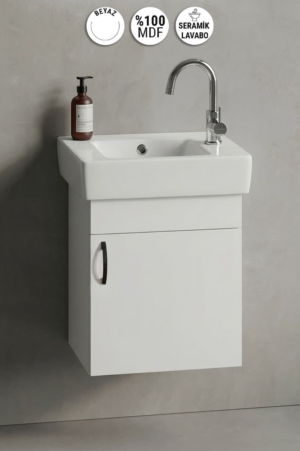 Lale 50X25 cm Beyaz MDF Seramik Lavabolu Asma Banyo Alt Dolabı