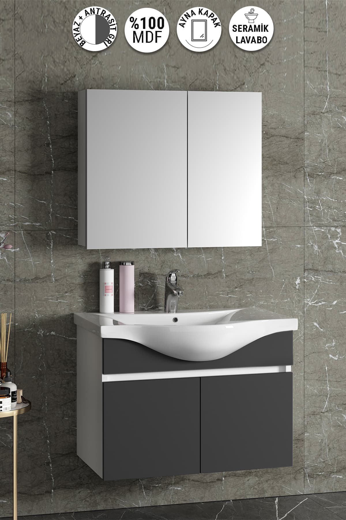 Yıldız 80 cm Beyaz-Antrasit Gri Mat MDF Seramik Lavabolu Asma Banyo Dolabı Takımı
