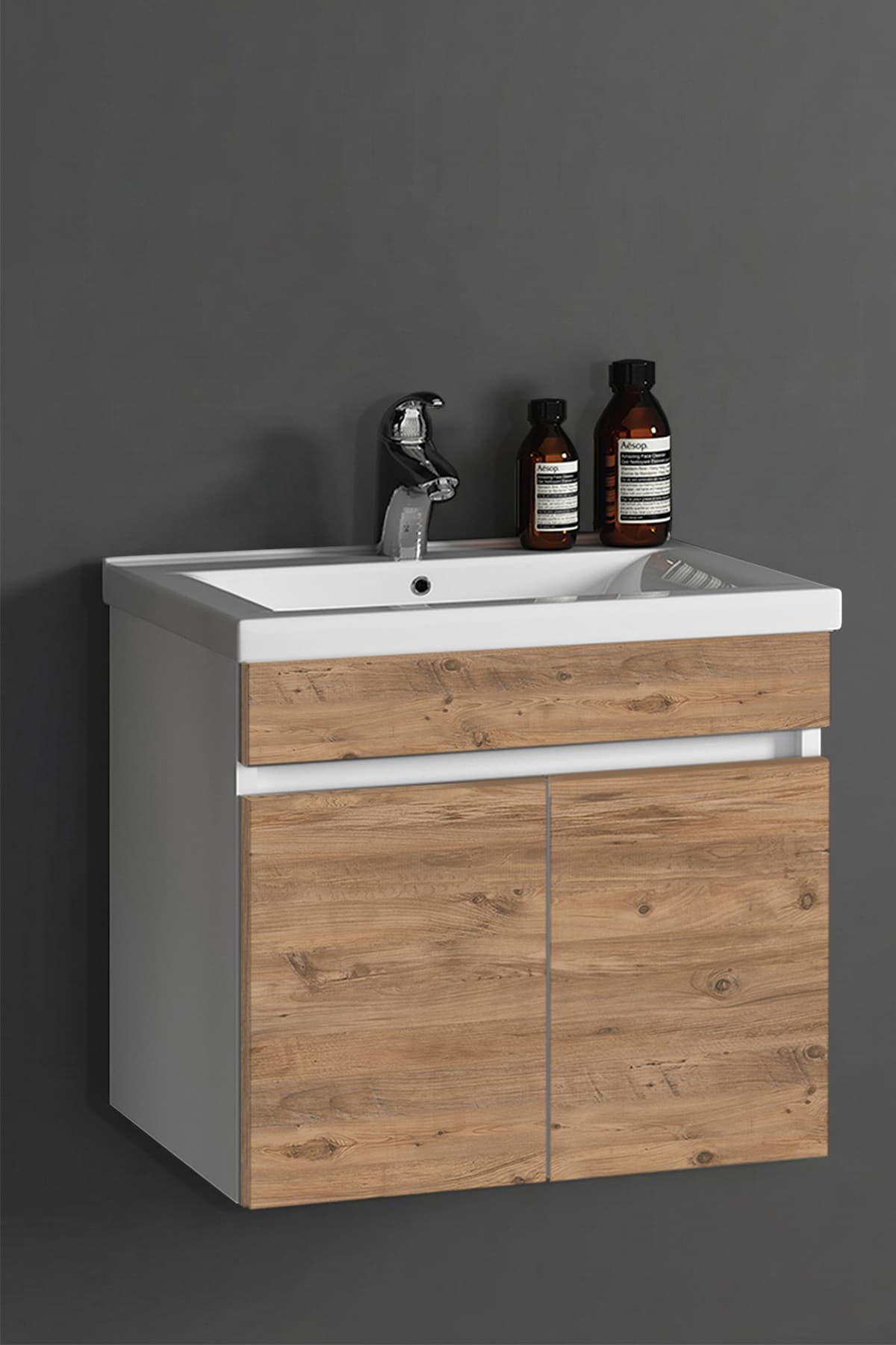 Çiğdem 55 Cm Beyaz -Atlantik Çam Mdf Seramik Lavabolu Asma Banyo Alt Dolabı