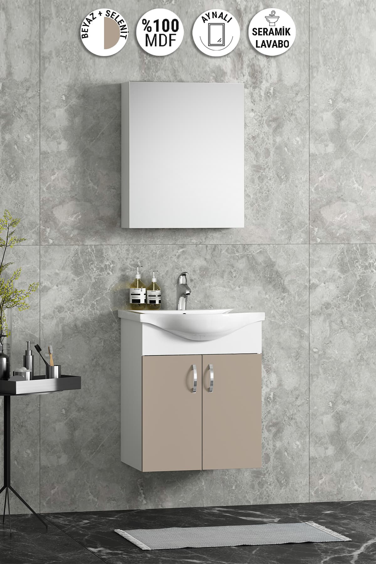 Yıldız 50 cm Selenit MDF Seramik Lavabolu Asma Banyo Dolabı Takım
