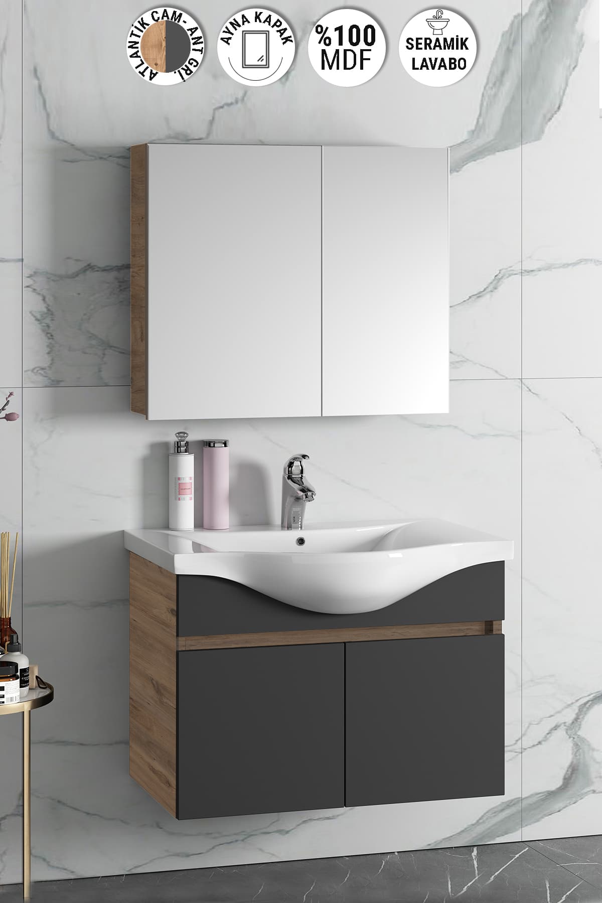 Yıldız 80 cm Atlantik Çam-Antrasit Gri Mat Mdf Seramik Lavabolu Asma Banyo Dolabı Takımı