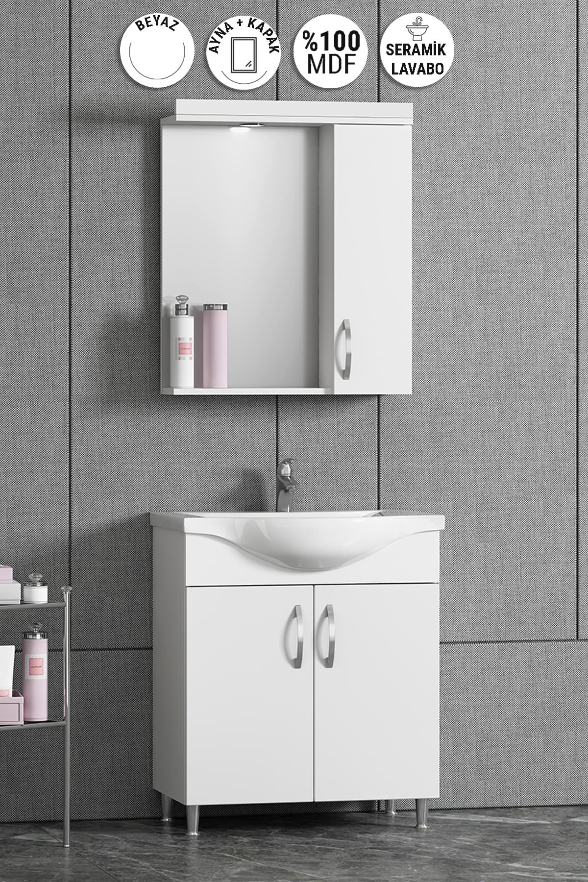Yıldız 55 cm Beyaz MDF Seramik Lavabolu Ayaklı Banyo Dolabı Takımı