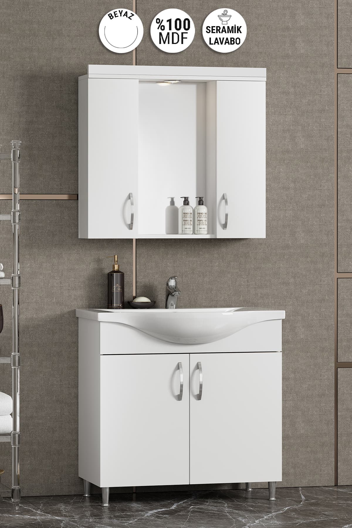 Yıldız 75 cm Beyaz MDF Seramik Lavabolu Ayaklı Banyo Dolabı Takımı