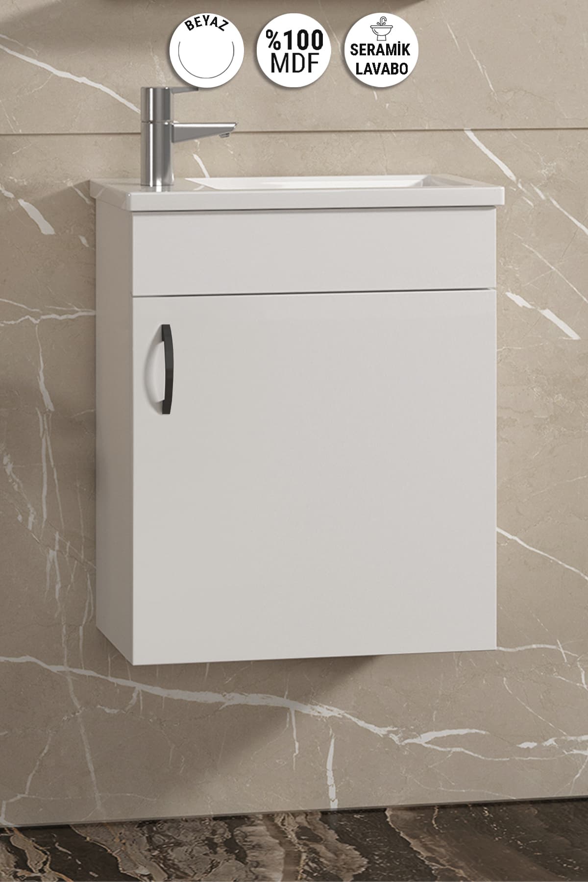 Lale 42x24 cm Beyaz MDF Seramik Lavabolu Asma Banyo Alt Dolabı