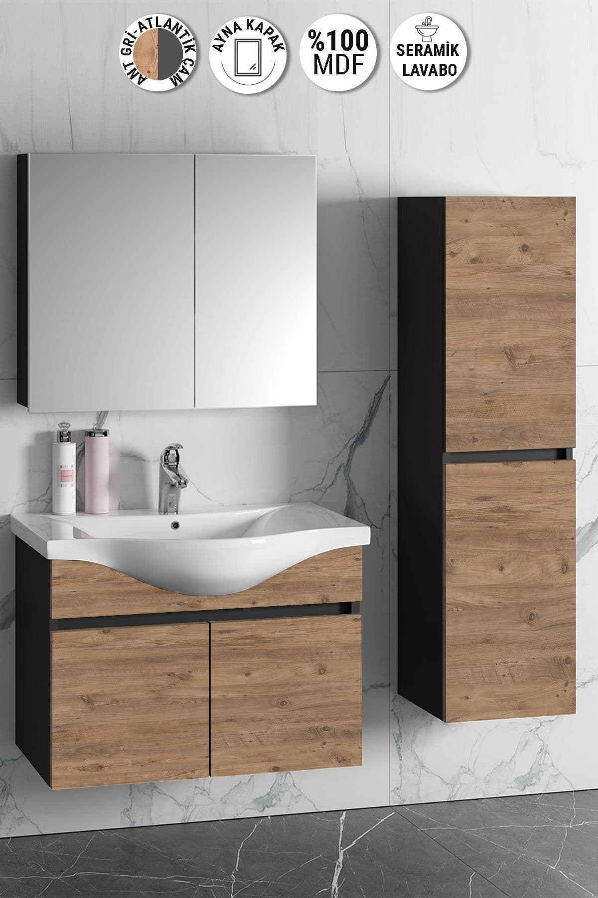 Yıldız 80+35 cm Antrasit Gri Mat-Atlantik Çam MDF Seramik Lavabolu Asma Banyo Dolabı Takımı