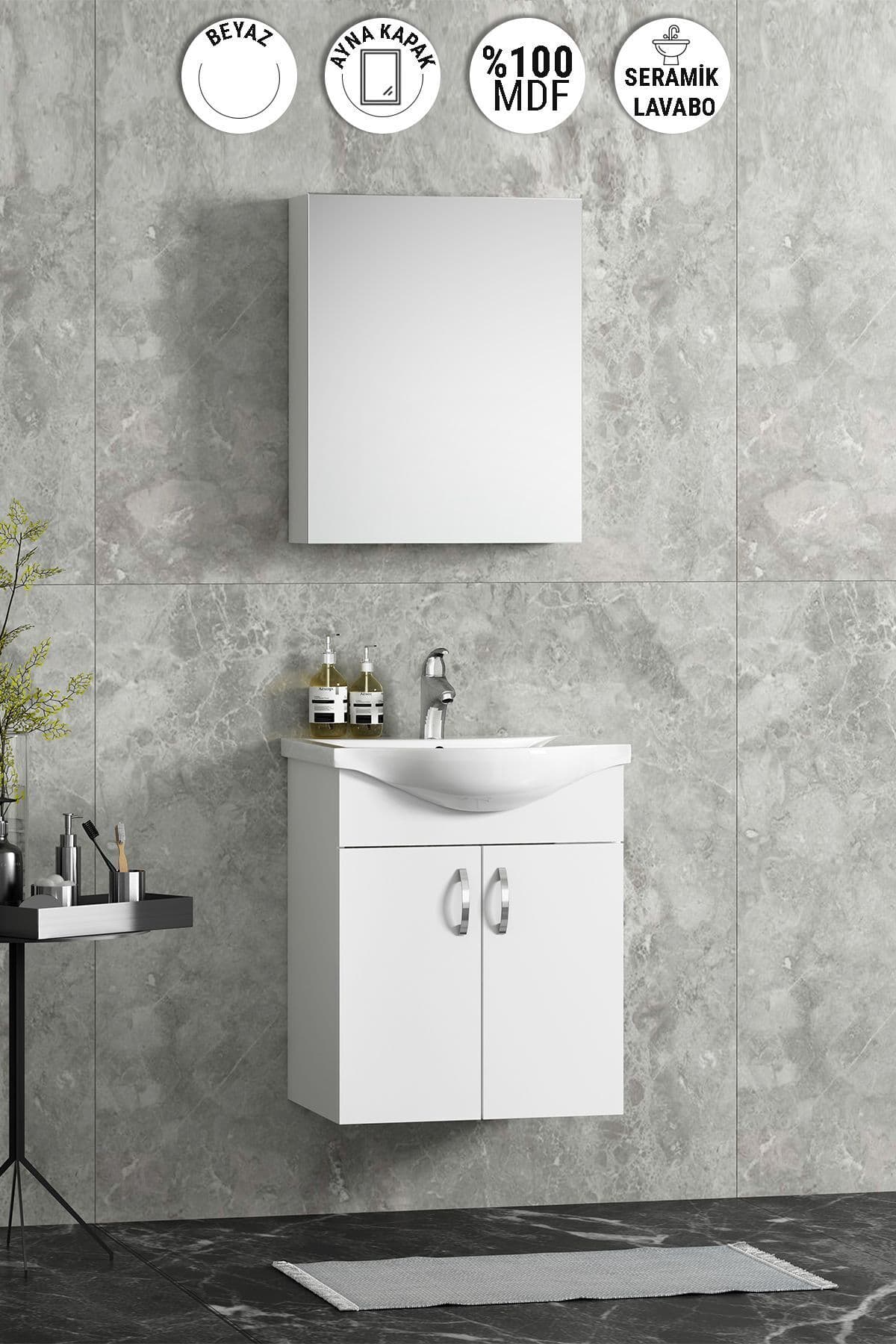 Yıldız 50 cm Beyaz MDF Seramik Lavabolu Asma Banyo Dolabı Takımı