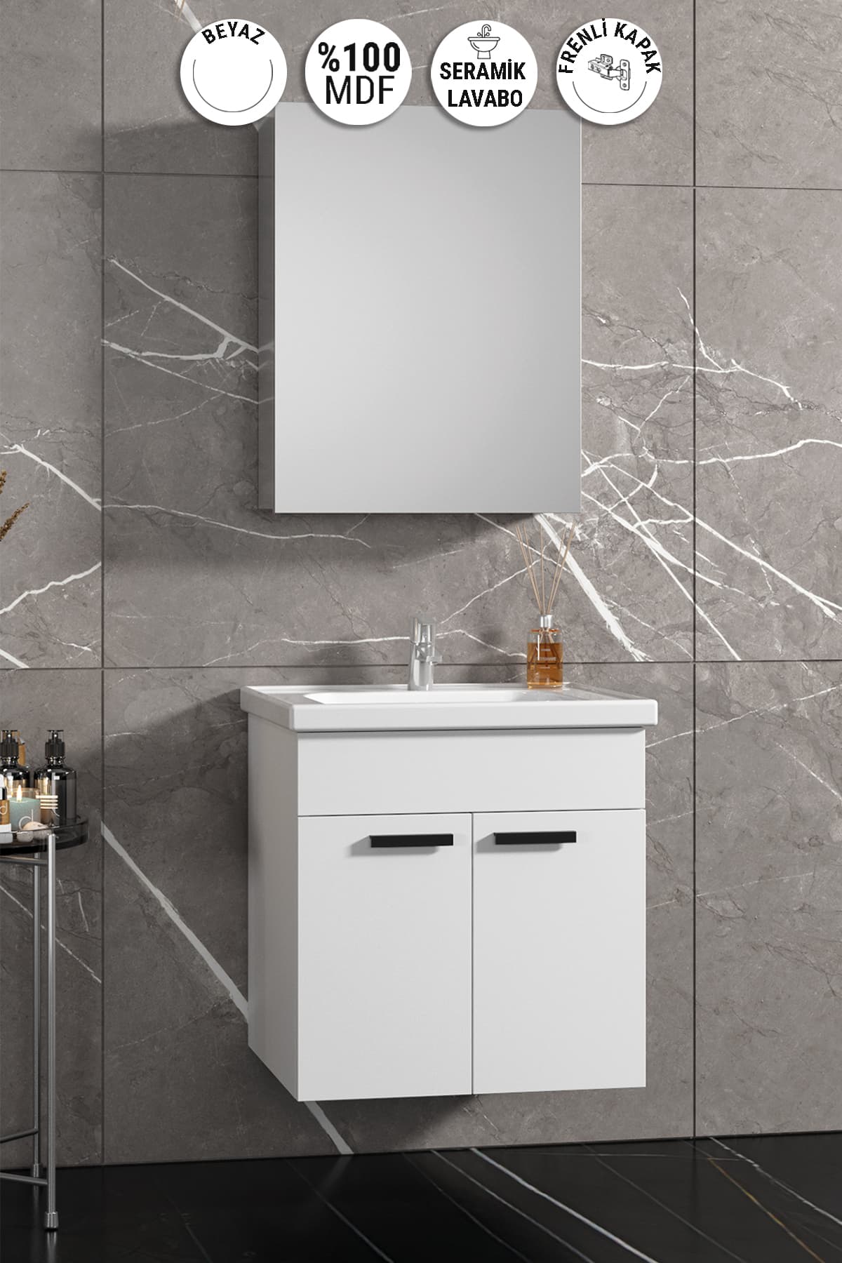Çiğdem Kulplu 55 cm Beyaz MDF Seramik Lavabolu Asma Banyo Dolabı Takımı