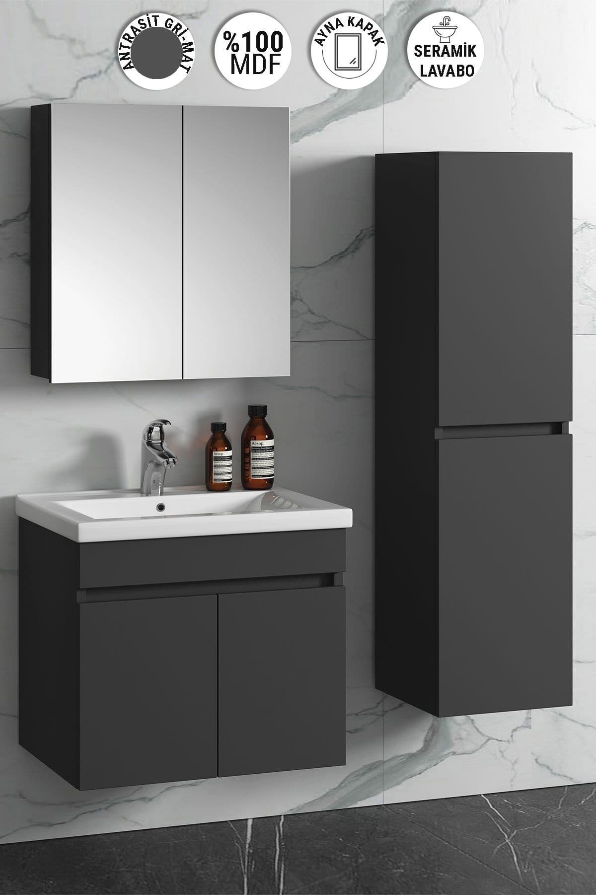 Çiğdem 55+35 cm Antrasit Gri Mat MDF Seramik Lavabolu Sepetli Asma Banyo Dolabı Takımı