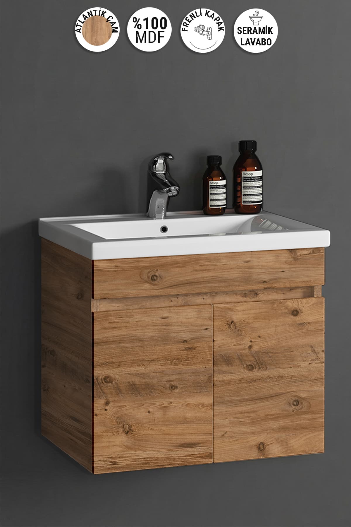 Çiğdem 55 Cm Atlantik Çam MDF Seramik Lavabolu Asma Banyo Alt Dolabı