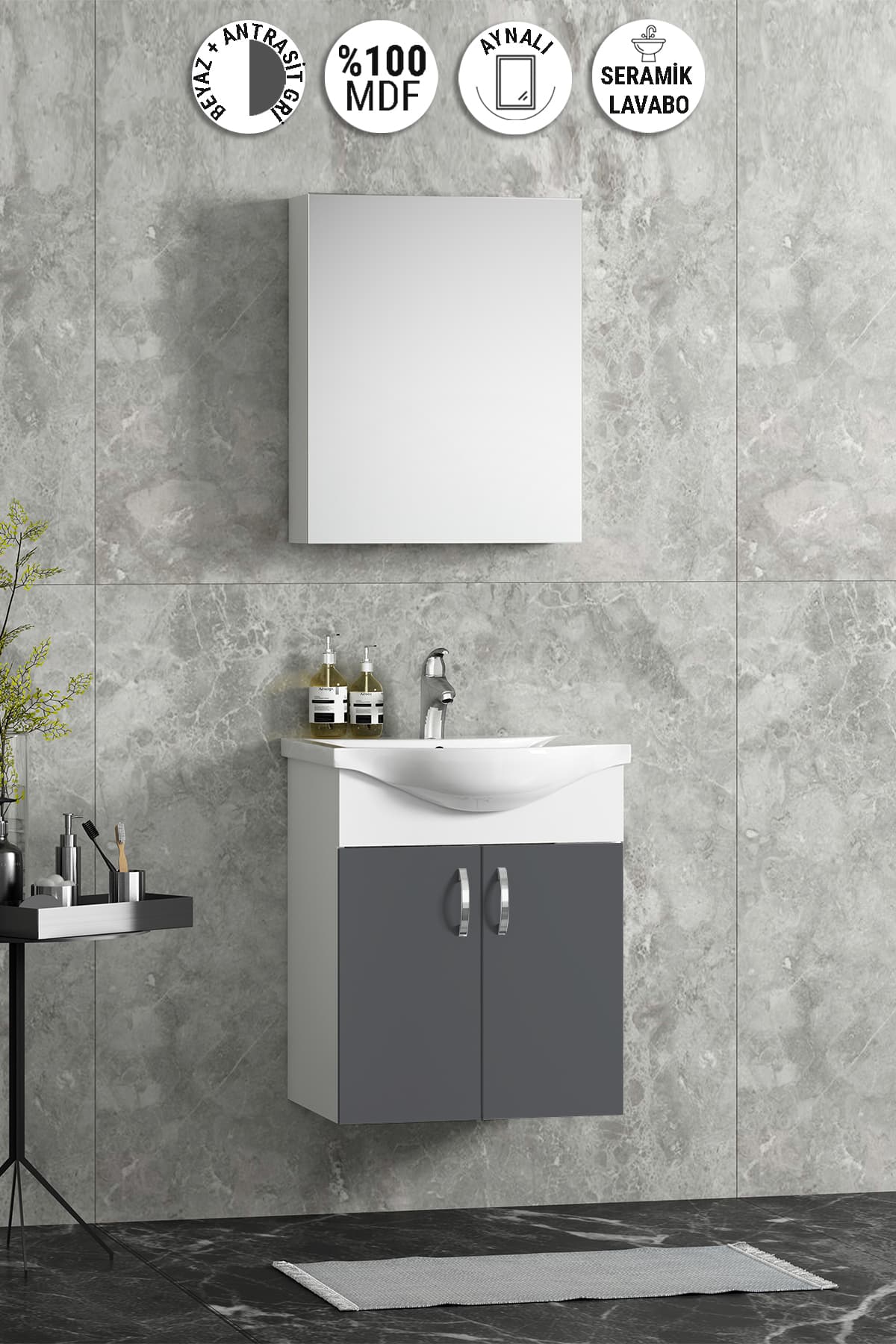 Yıldız 50 cm Antrasit Gri MDF Seramik Lavabolu Asma Banyo Dolabı Takım