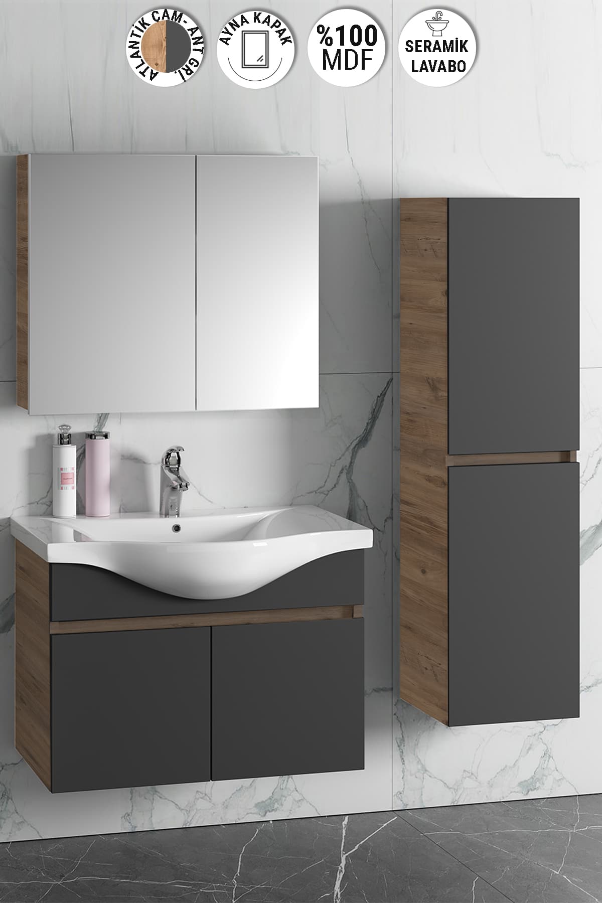 Yıldız 80+35 cm Atlantik Çam-Antrasit Gri Mat MDF Seramik Lavabolu Asma Banyo Dolabı Takımı