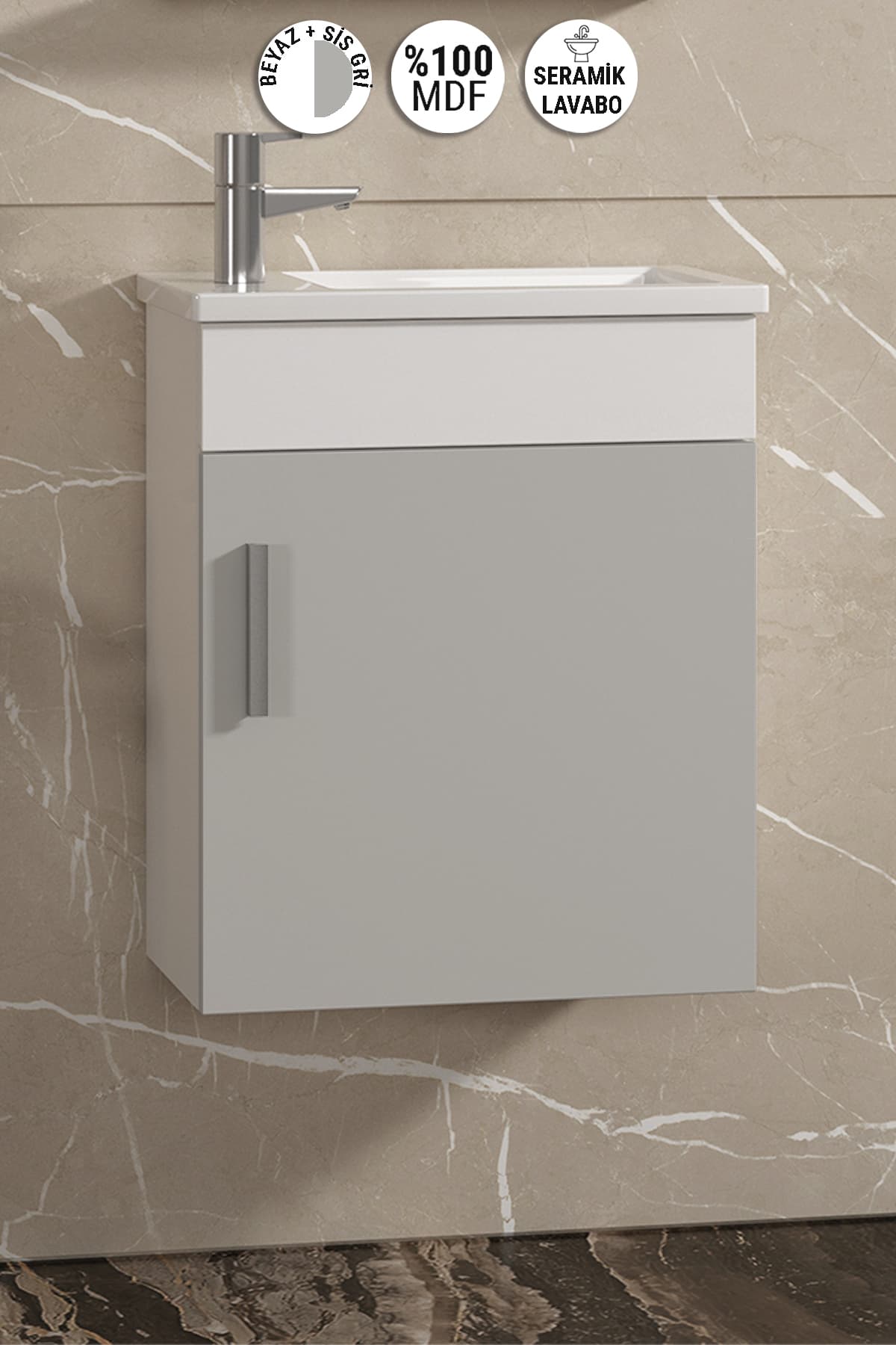 Lale 42x24 cm Beyaz-Sis Gri MDF Seramik Lavabolu Asma Banyo Alt Dolabı