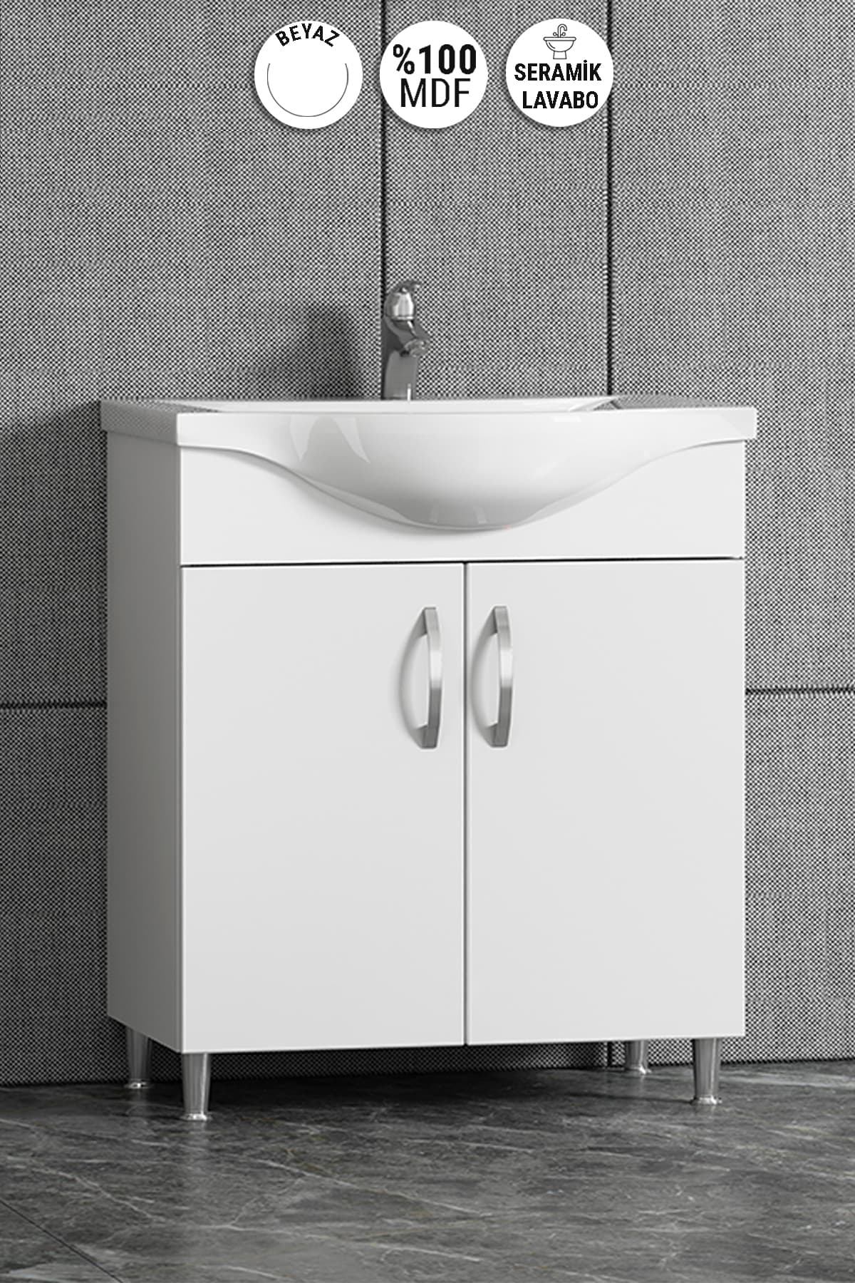 Yıldız 65 cm Beyaz MDF Seramik Lavabolu Ayaklı Banyo Alt Dolabı