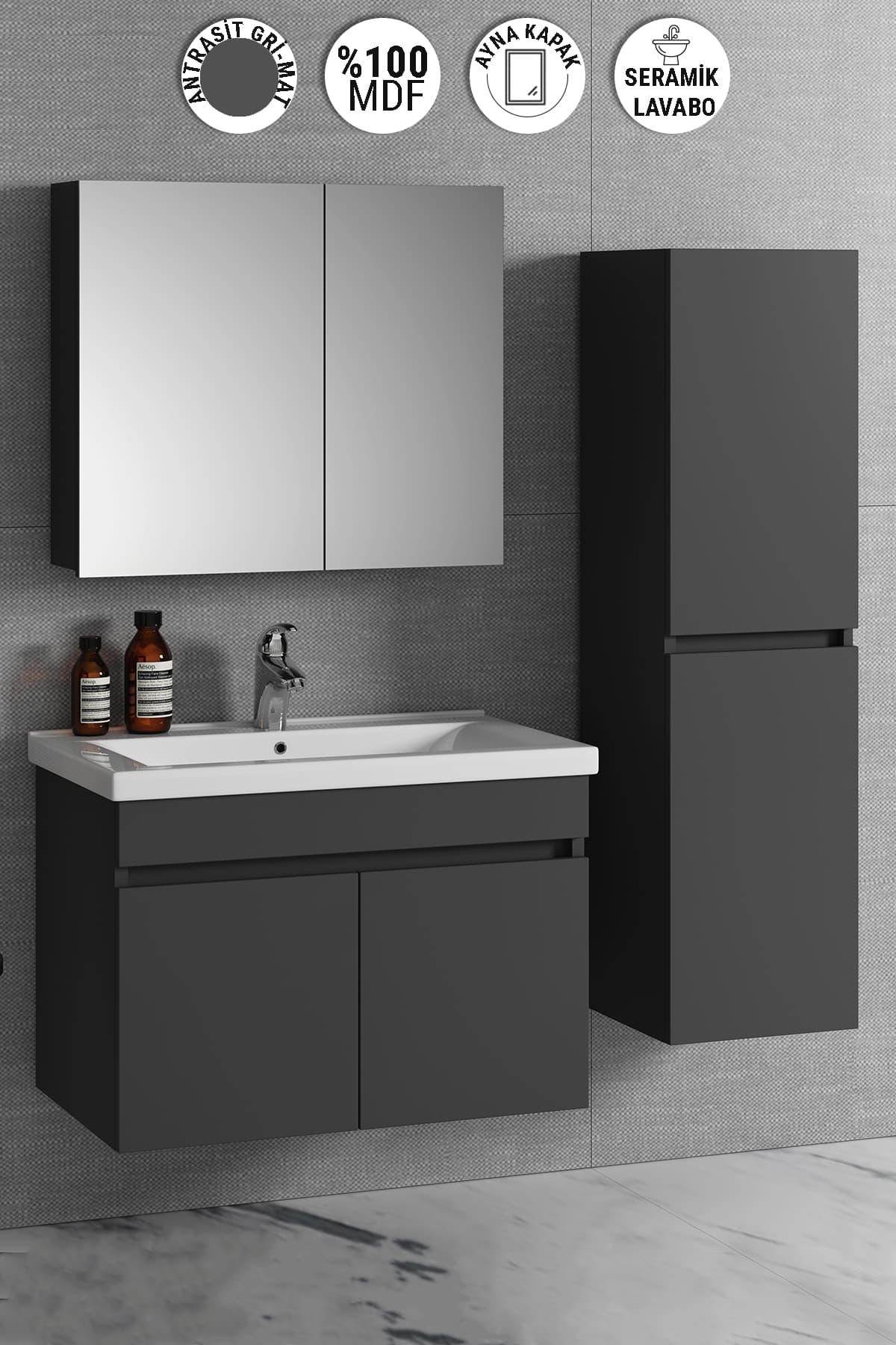 Aynalı Boy Dolaplı Banyo Dolabı Takımı 80+35 Cm Komple Mdf Ve Seramik Lavabolu