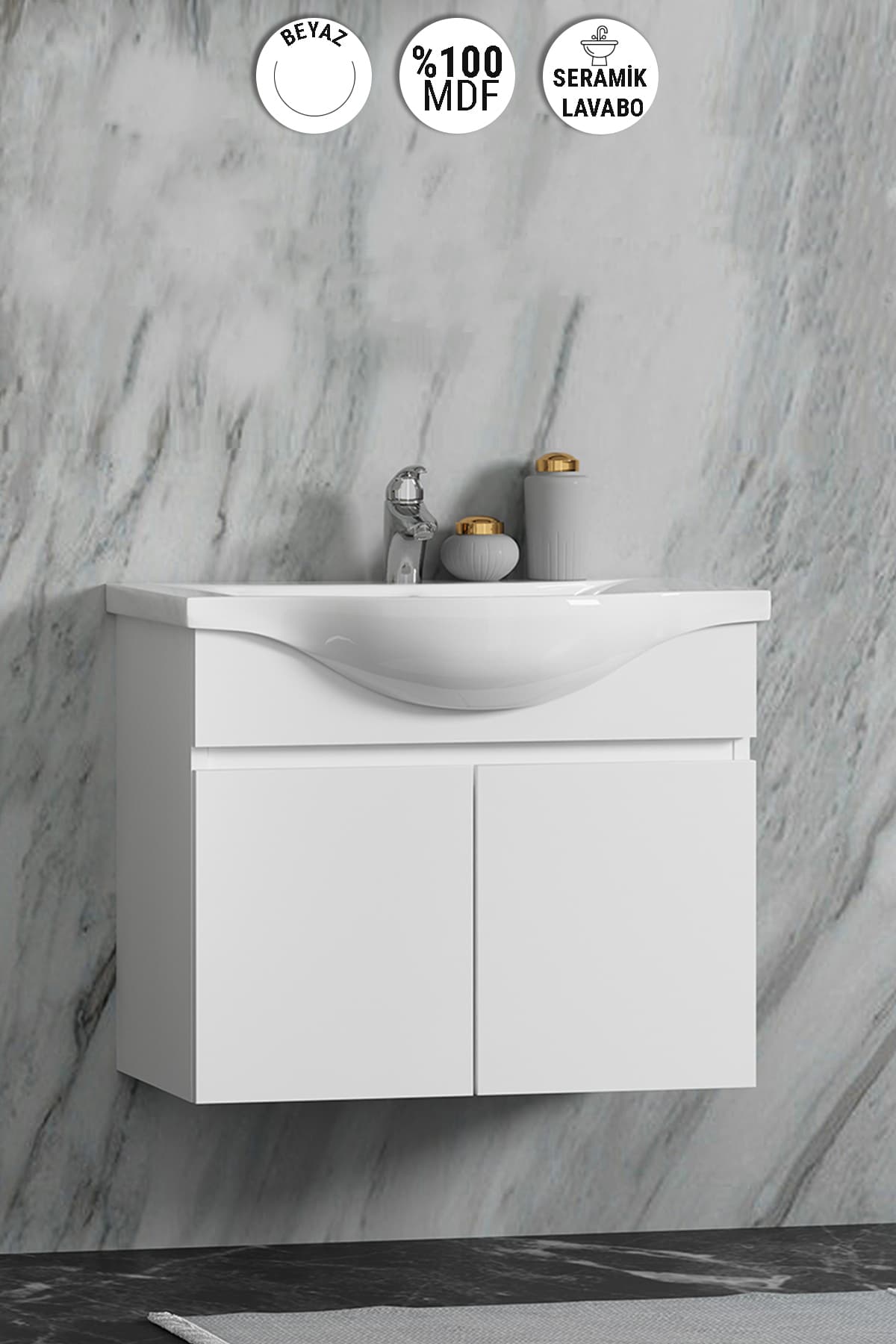 Yıldız 55 cm Beyaz MDF Seramik Lavabolu Asma Banyo Alt Dolabı 