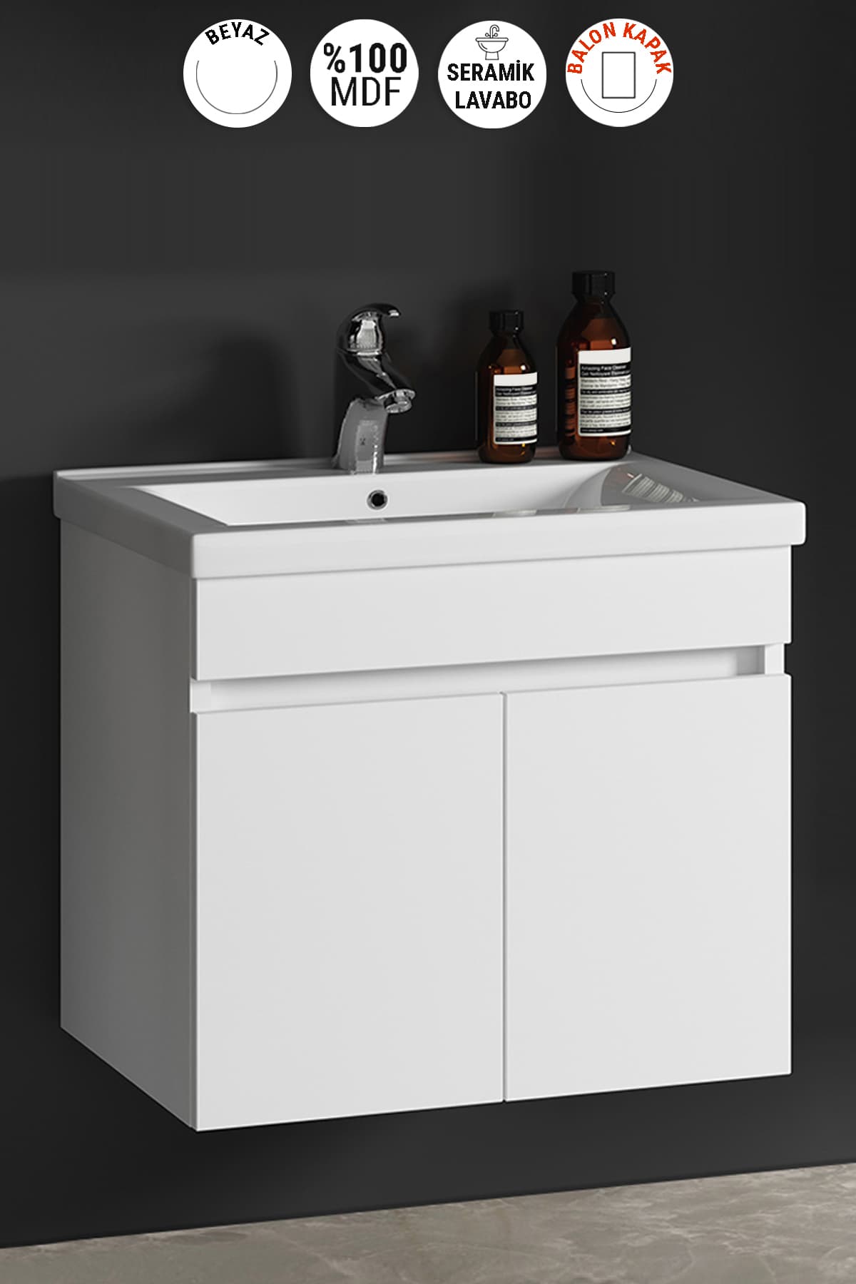 Çiğdem 55 cm Beyaz Balon MDF Seramik Lavabolu Asma Banyo Alt Dolabı