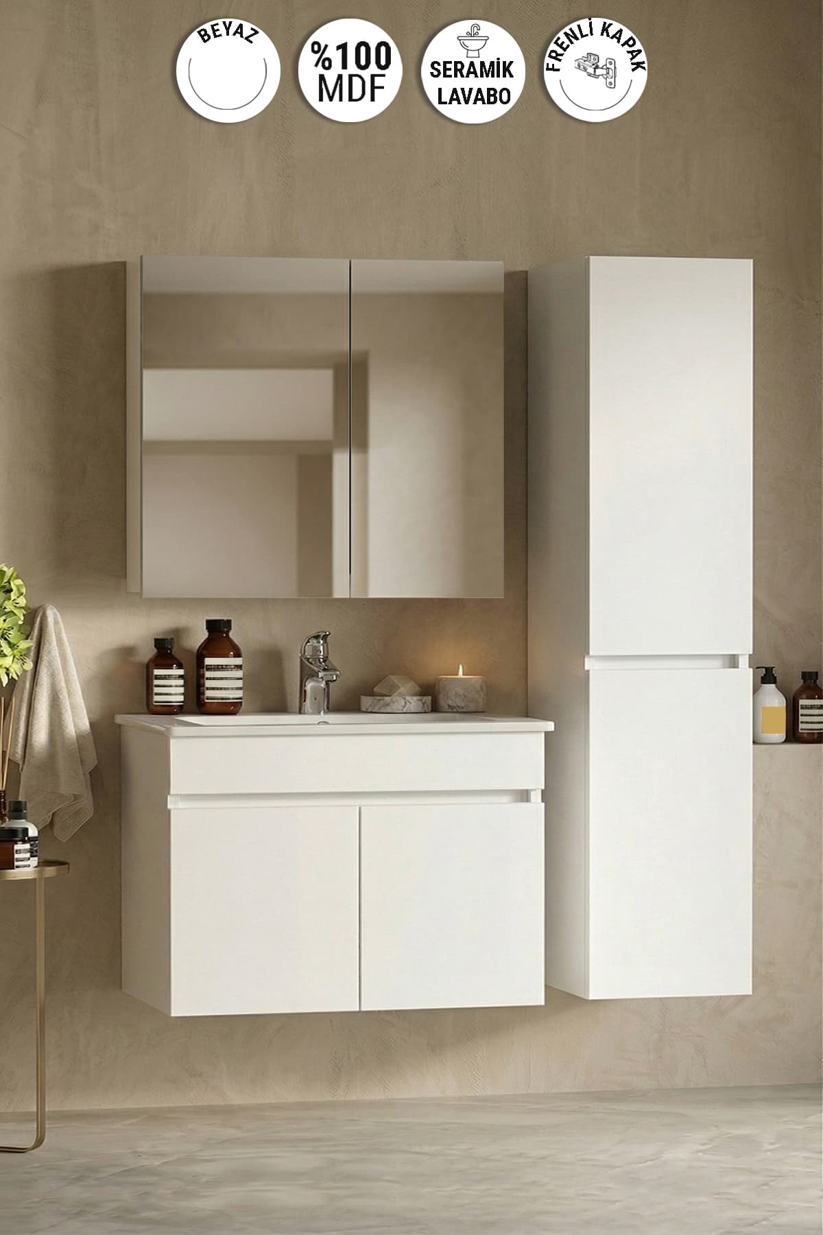 Lotus 75+35 cm Beyaz MDF Seramik Lavabolu Asma Banyo Dolabı Takımı