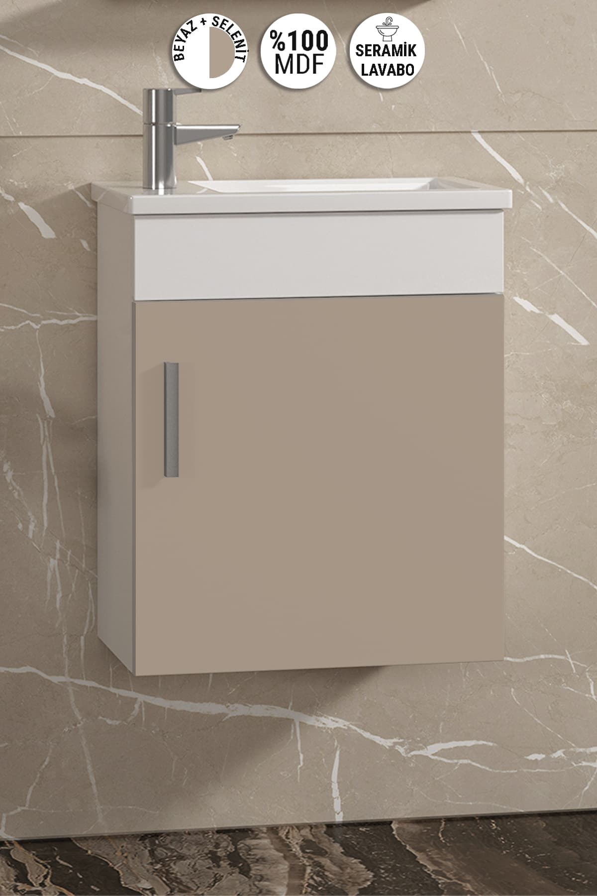 Lale 42x24 cm Beyaz-Selenit MDF Seramik Lavabolu Asma Banyo Alt Dolabı
