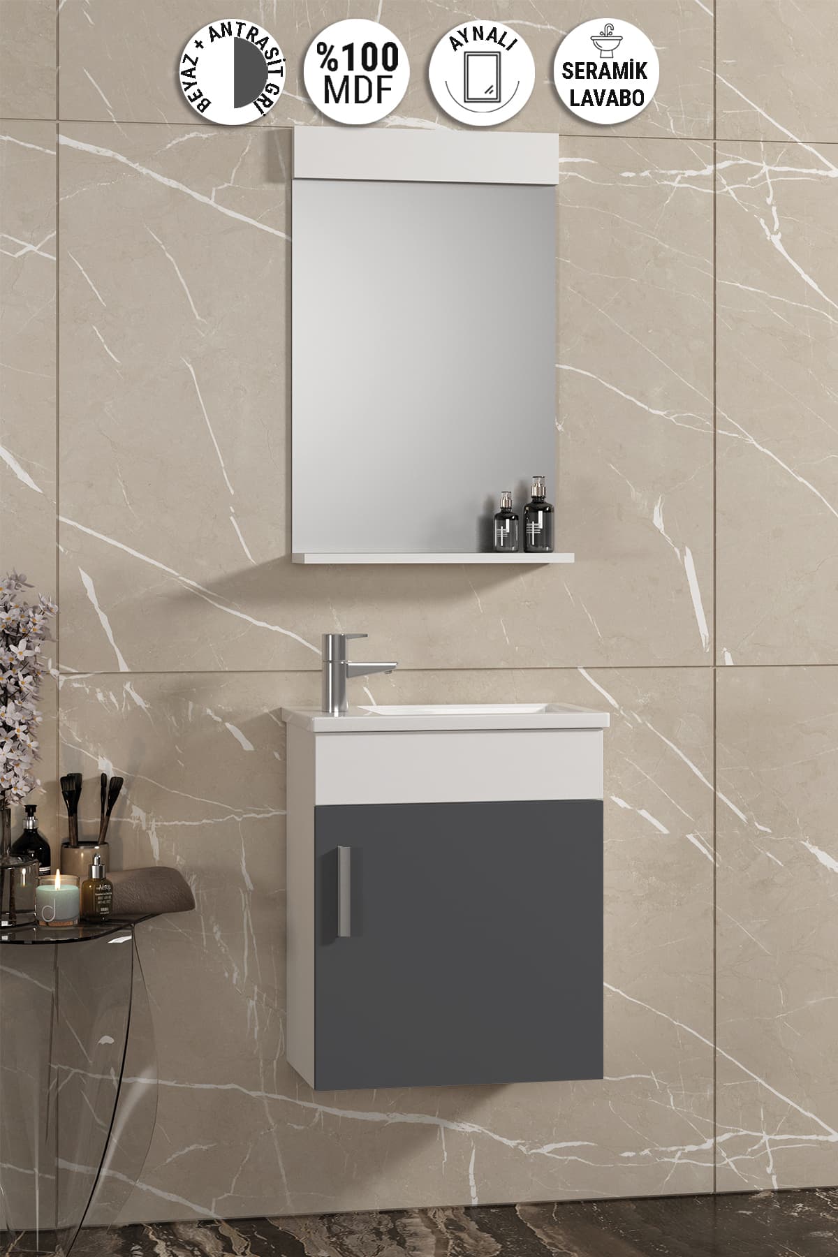 Lale 42x24 cm Beyaz-Antrasit Gri Mat MDF Seramik Lavabolu Asma Banyo Dolabı Takımı