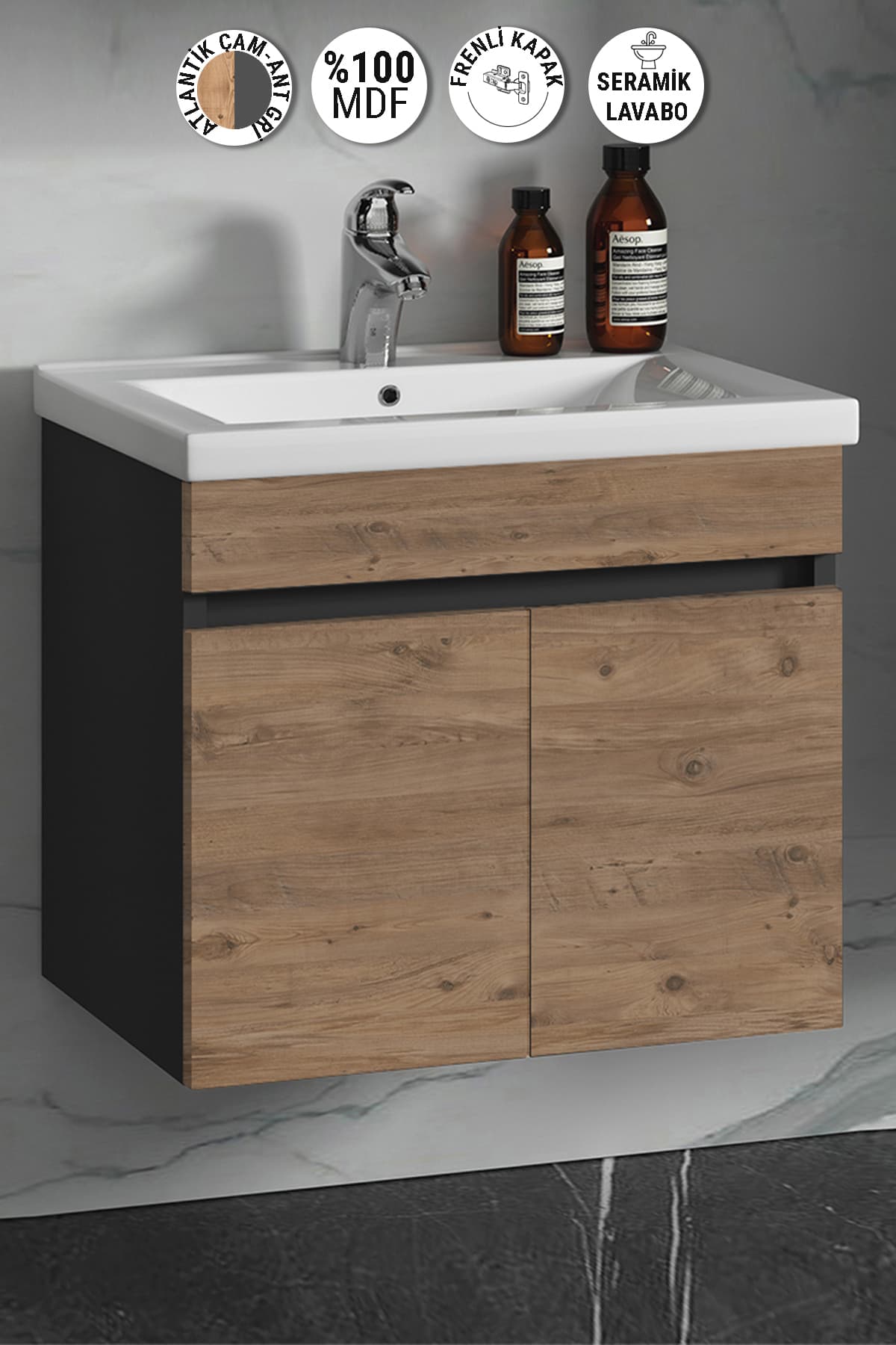 Çiğdem 55 cm Antrasit Gri Mat-Atlantik Çam MDF Seramik Lavabolu Asma Banyo Alt Dolabı