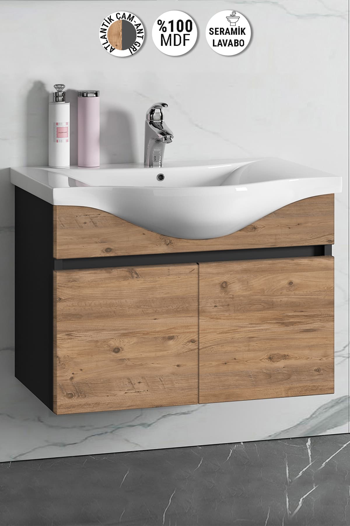 Yıldız 80 cm Antrasit Gri Mat-Atlantik Çam MDF Seramik Lavabolu Asma Banyo Alt Dolabı
