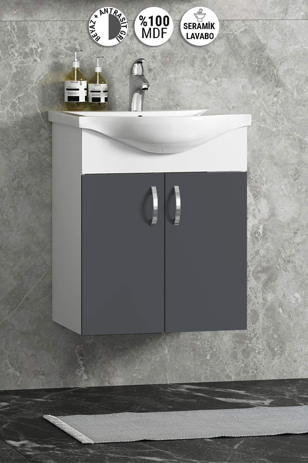 Yıldız 50 cm Antrasit Gri MDF Seramik Lavabolu Asma Alt Banyo Dolabı