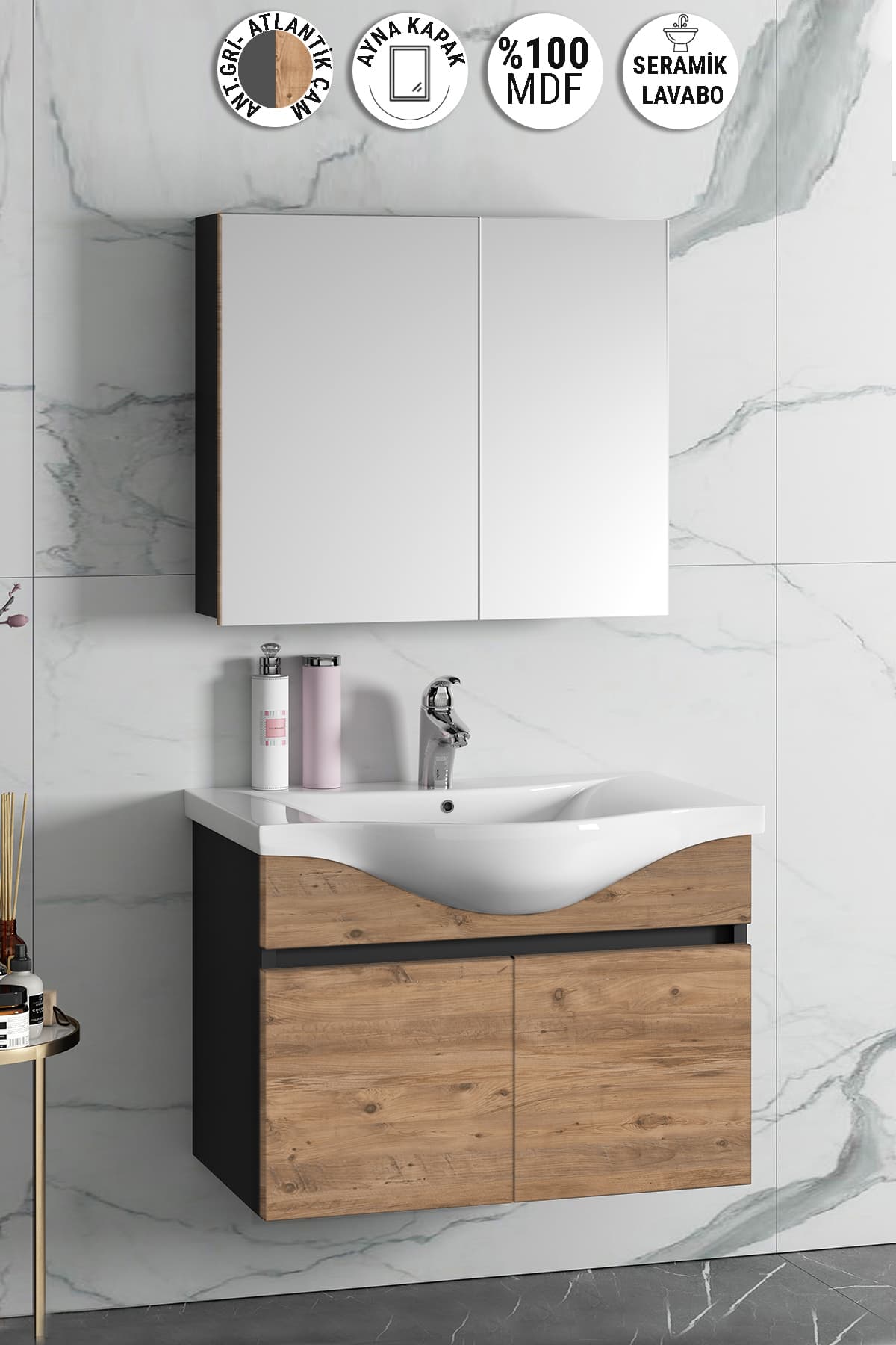 Yıldız 80 cm Antrasit Gri Mat-Atlantik Çam MDF Seramik Lavabolu Asma Banyo Dolabı Takımı