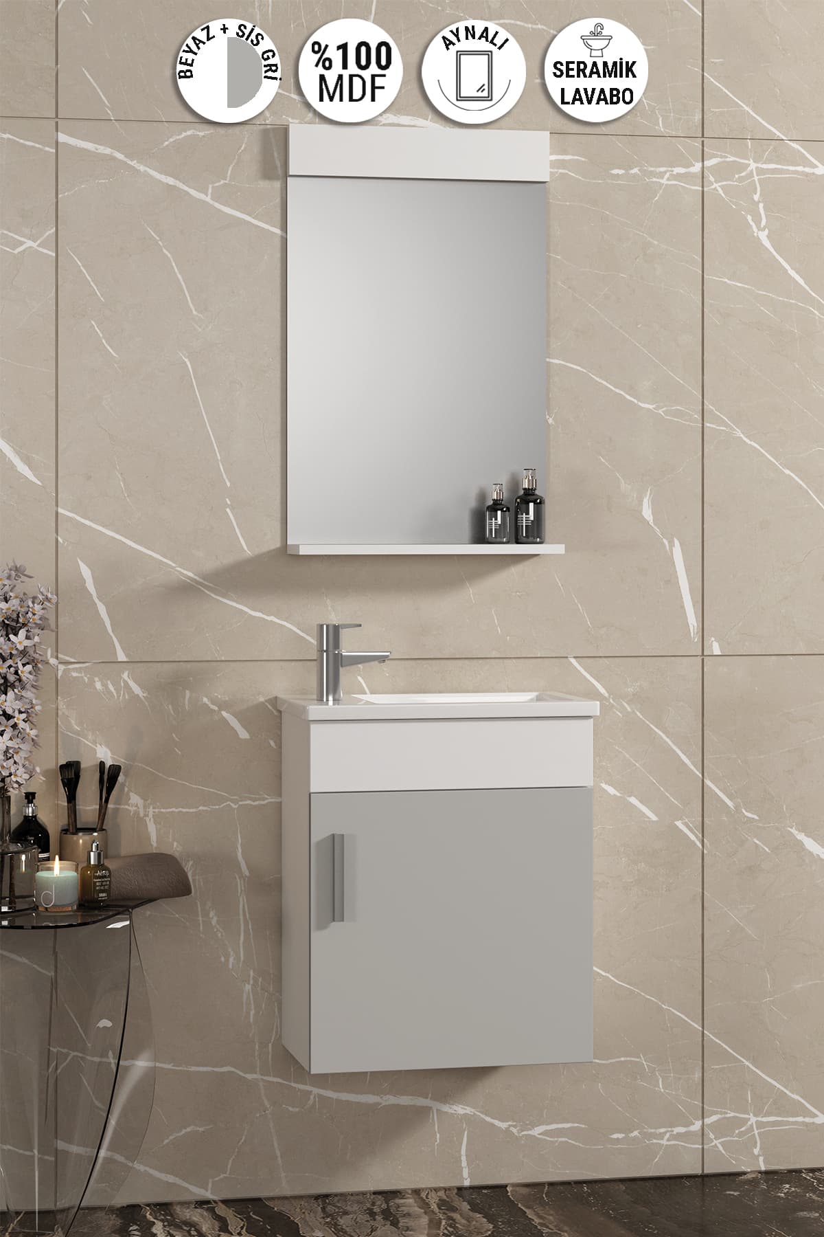 Lale 42x24 cm Beyaz-Sis Gri MDF Seramik Lavabolu Asma Banyo Dolabı Takımı