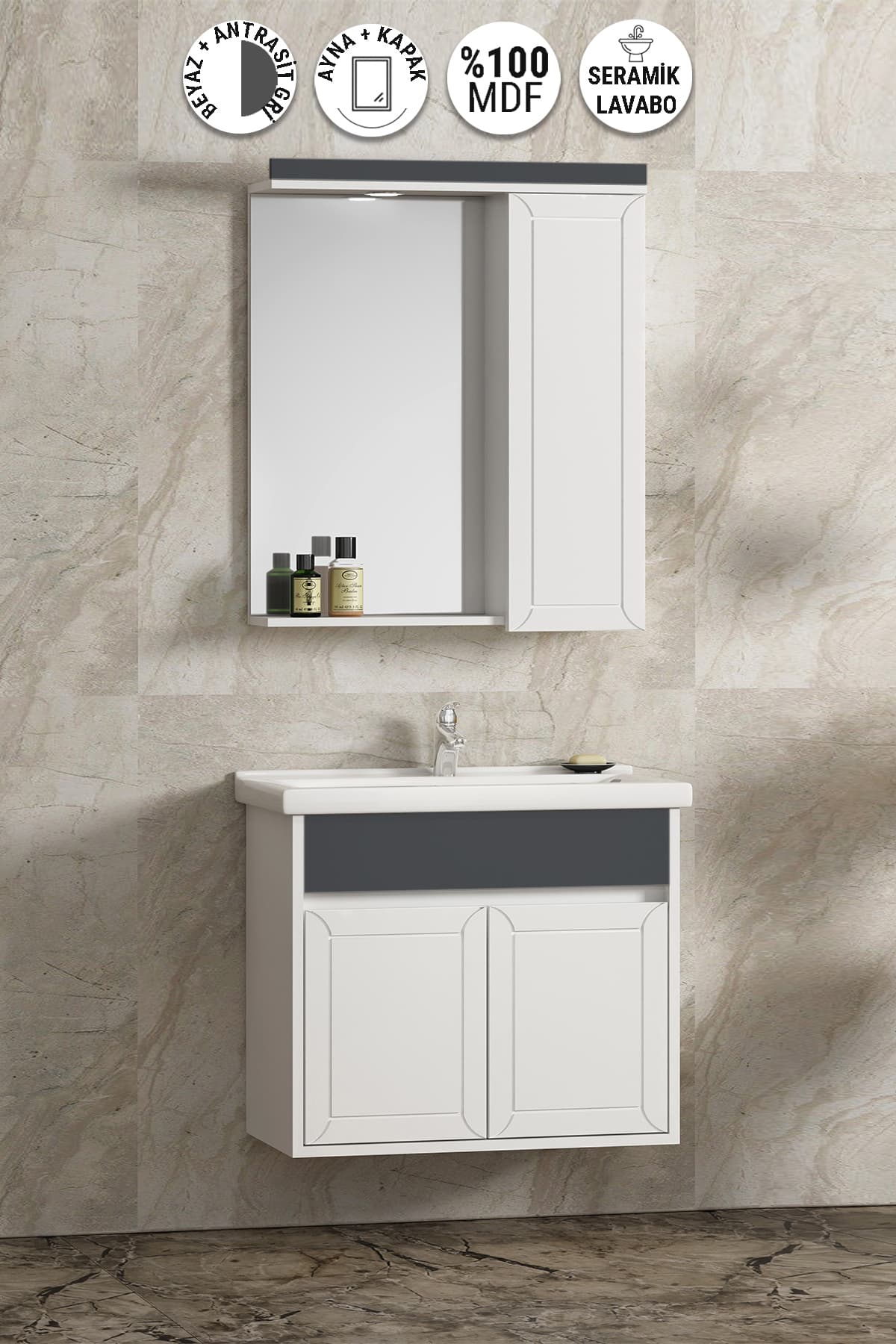 Çuha 55 cm Beyaz-Antrasit Gri Mat MDF Pk-109 Balon Kapak Seramik Lavabolu Asma Banyo Dolabı Takımı