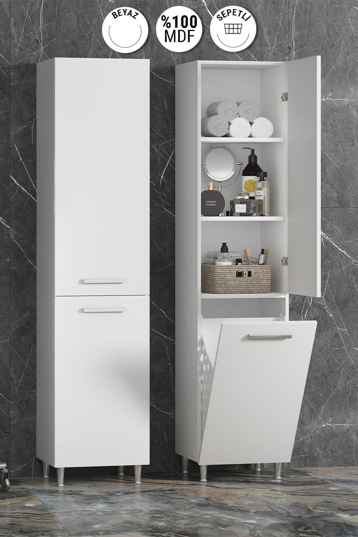 35*167 cm Beyaz MDF Sepetli Ayaklı Banyo Boy Dolabı