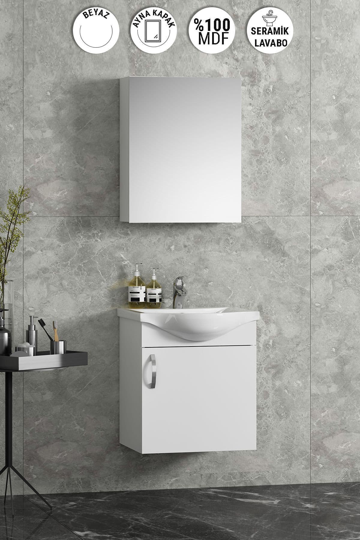 Yıldız 45 cm Beyaz MDF Seramik Lavabolu Asma Banyo Dolabı Takımı