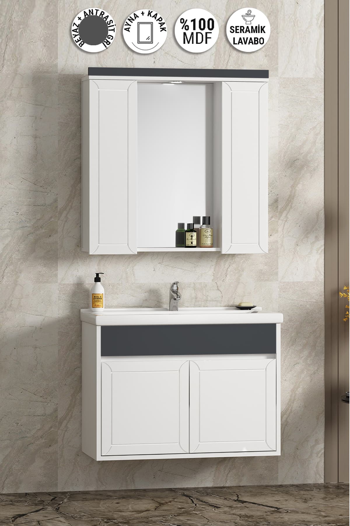 Çuha 80 cm Beyaz-Antrasit Gri Mat MDF Pk-109 Balon Kapak Seramik Lavabolu Asma Banyo Dolabı Takımı