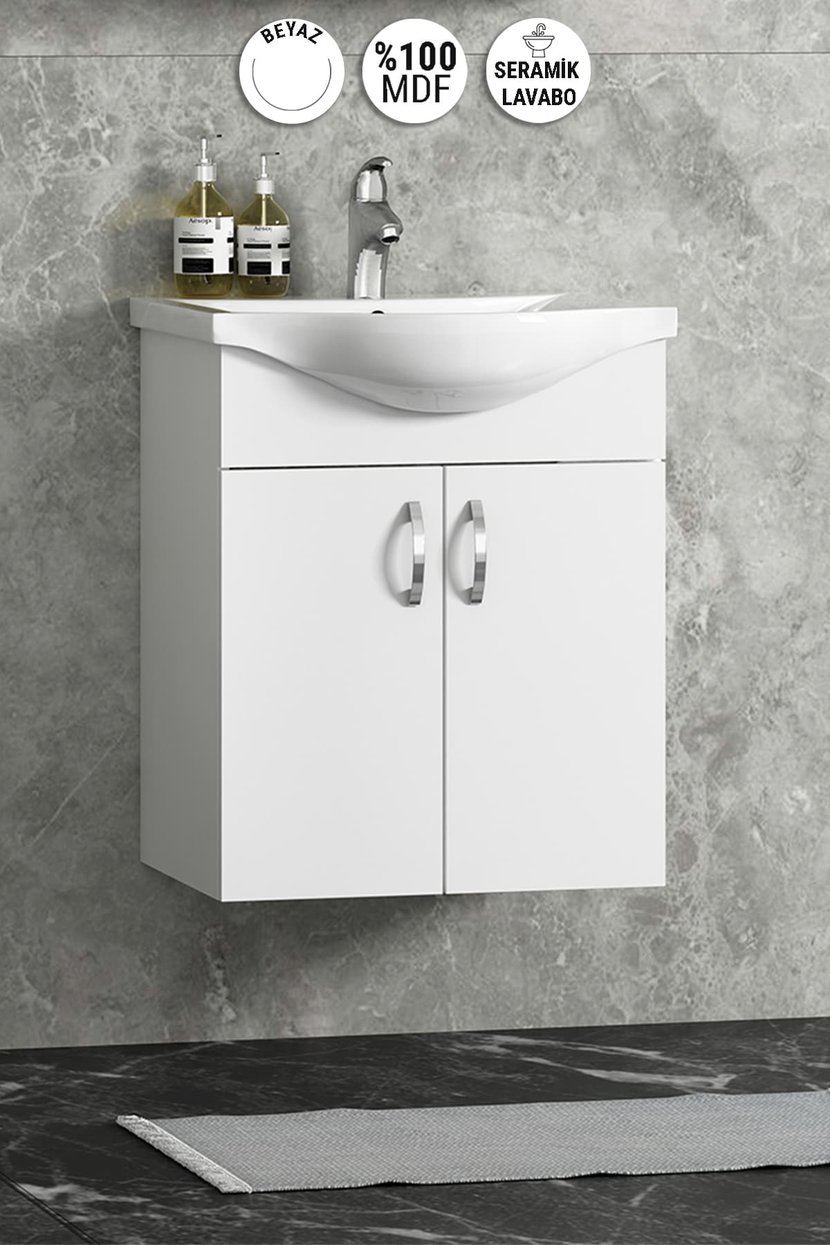Yıldız 50 cm Beyaz MDF Seramik Lavabolu Asma Alt Banyo Dolabı