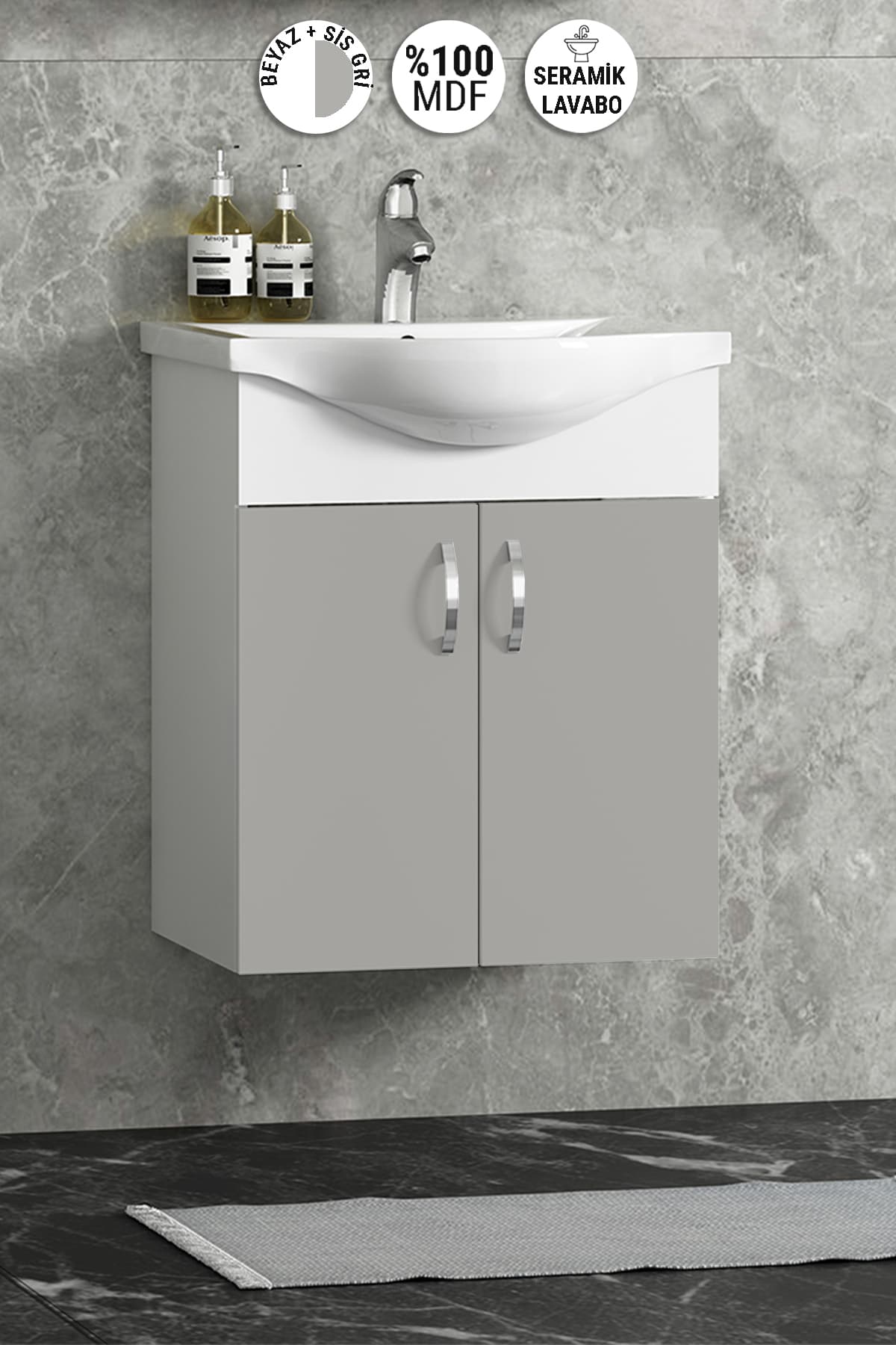 Yıldız 50 cm Sis Gri MDF Seramik Lavabolu Asma Alt Banyo Dolabı