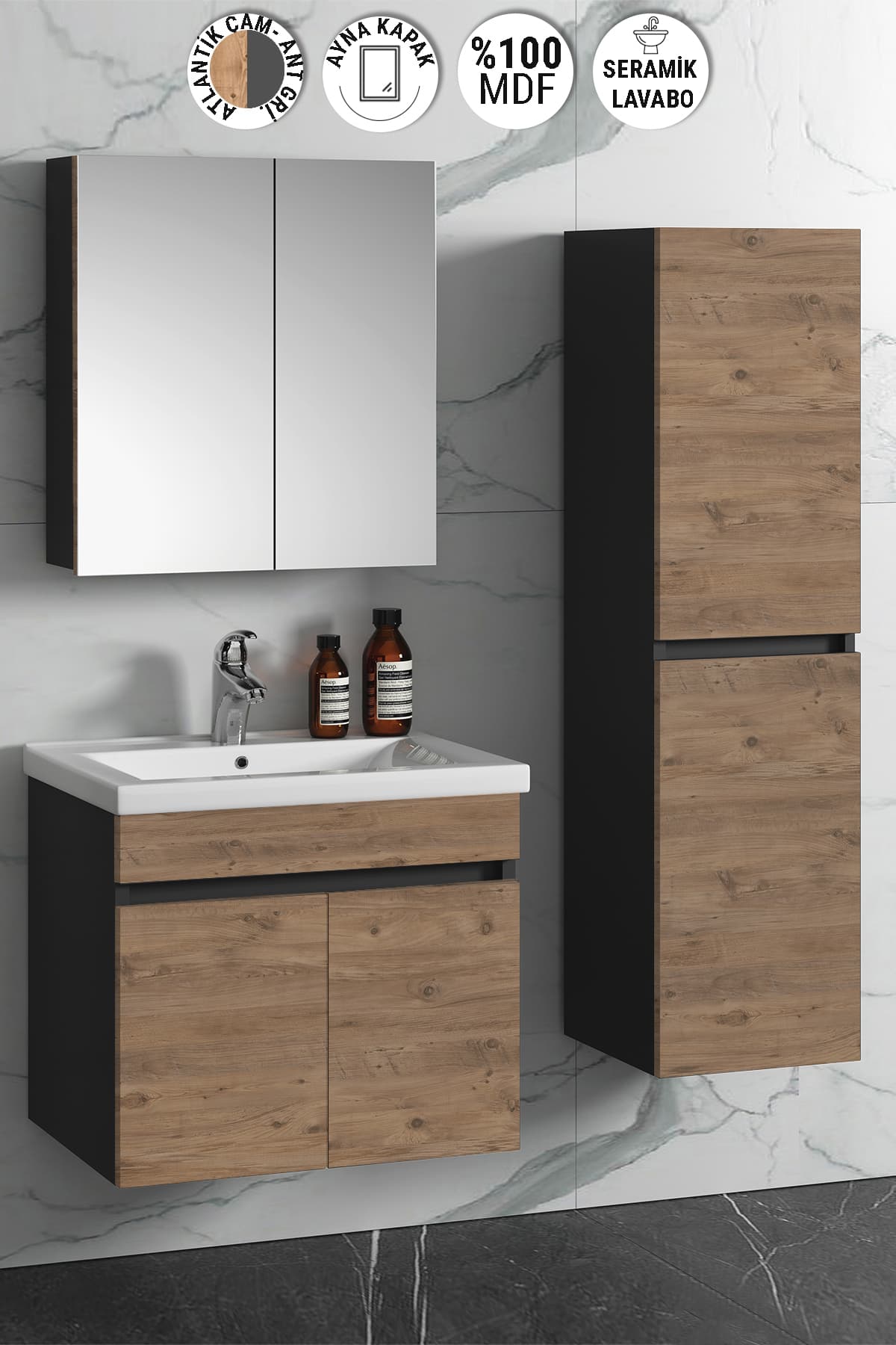 Çiğdem 55+35 cm Antrasit Gri Mat- Atlantik Çam MDF Seramik Lavabolu Asma Banyo Dolabı Takımı