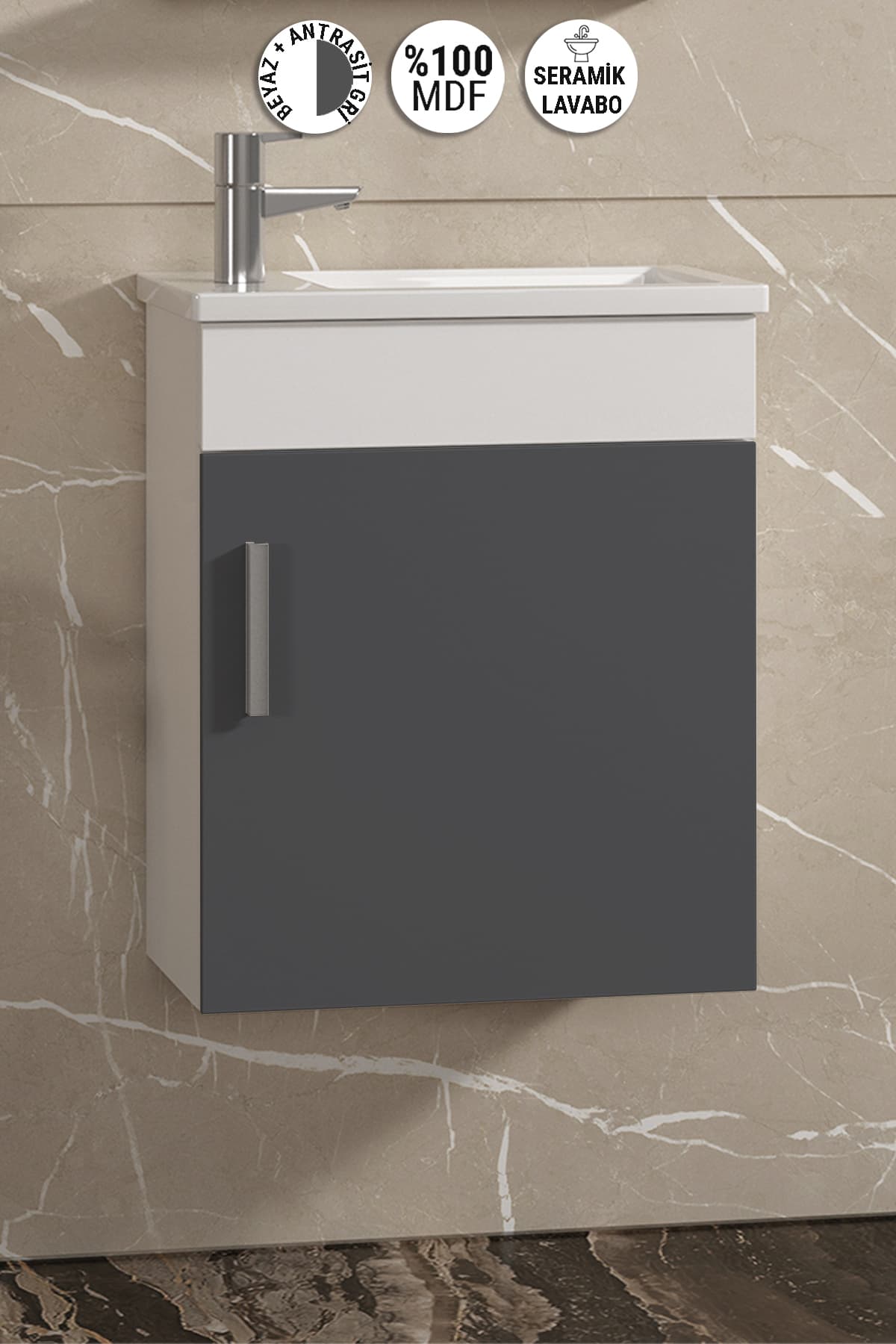 Lale 42x24 cm Beyaz-Antrasit Gri Mat MDF Seramik Lavabolu Asma Banyo Alt Dolabı