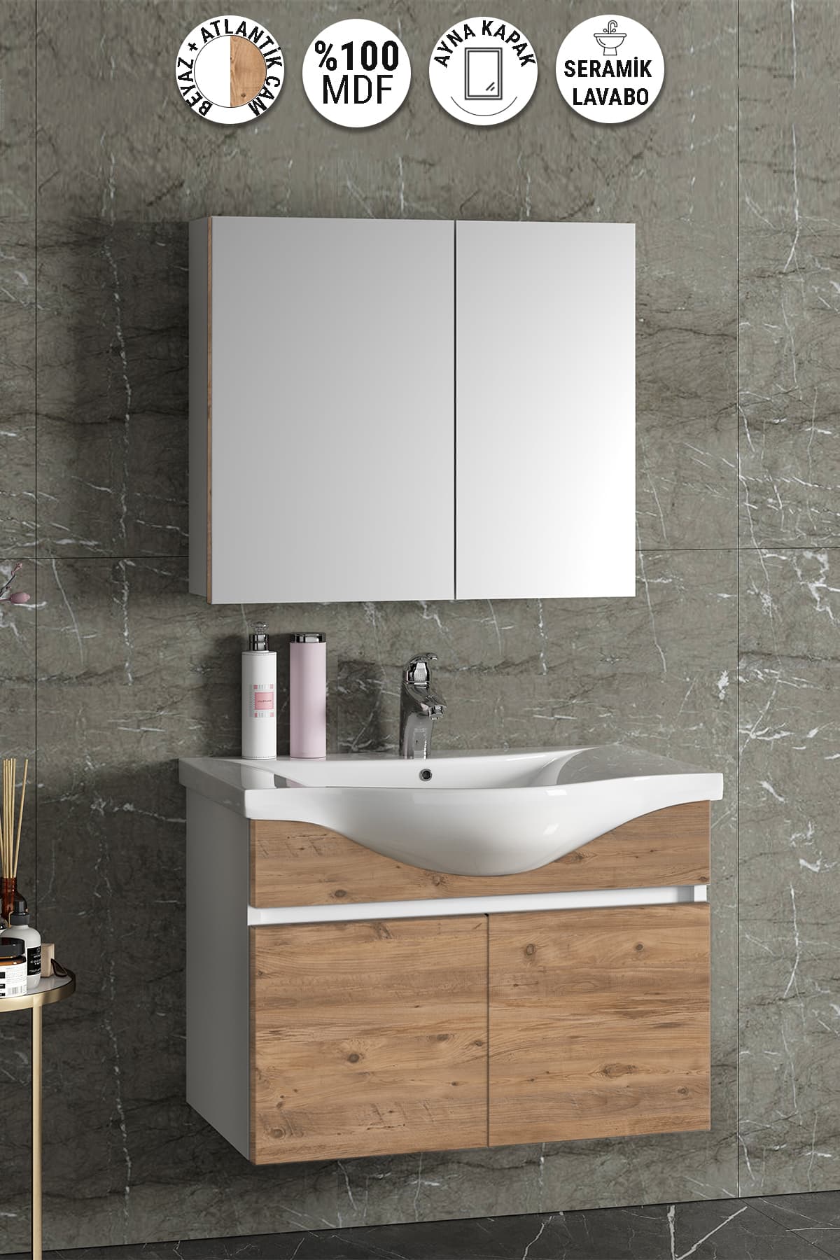 Yıldız 80 cm Beyaz-Atlantik Çam MDF Seramik Lavabolu Asma Banyo Dolabı Takımı