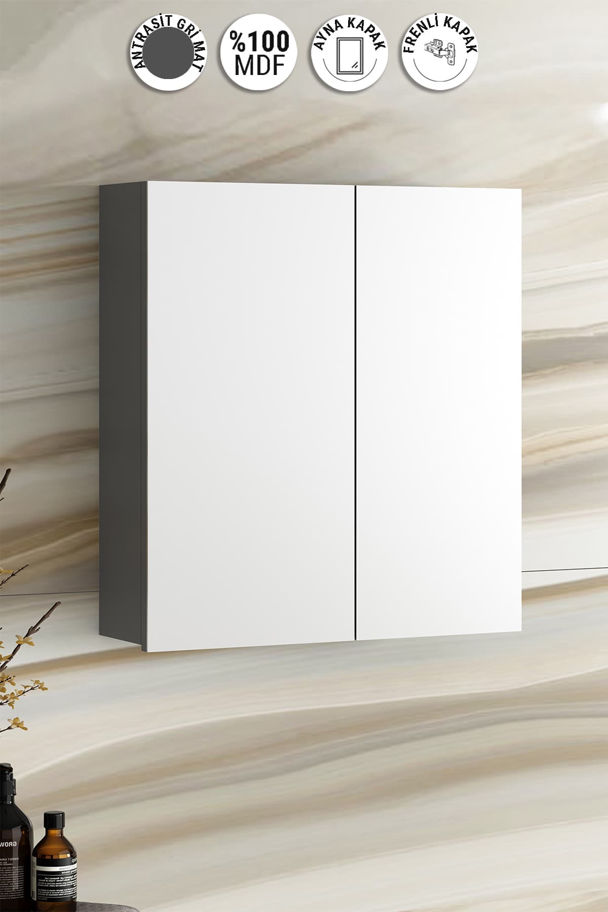 Çiğdem 55 cm Antrasit Gri Mat MDF Aynalı Asma Banyo Üst Dolabı