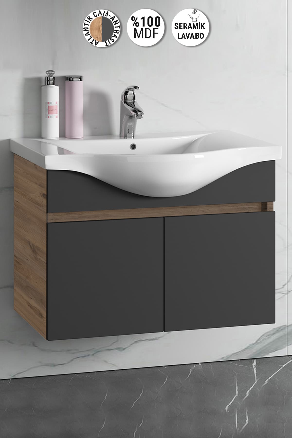 Yıldız 80 cm Atlantik Çam-Antrasit Gri Mat MDF Seramik Lavabolu Asma Banyo Alt Dolabı