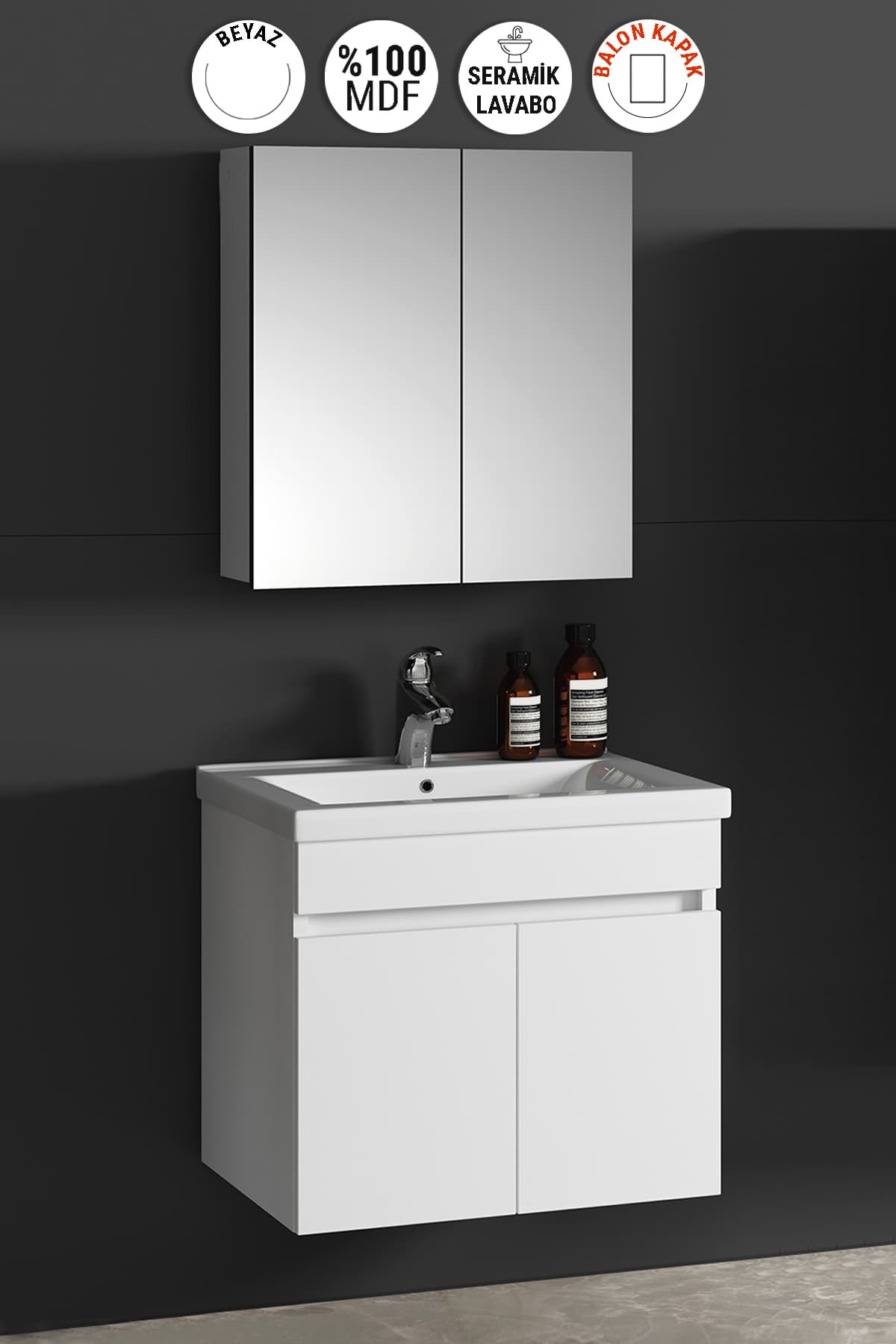 Çiğdem 55 cm Beyaz Balon MDF Seramik Lavabolu Asma Banyo Dolabı Takımı