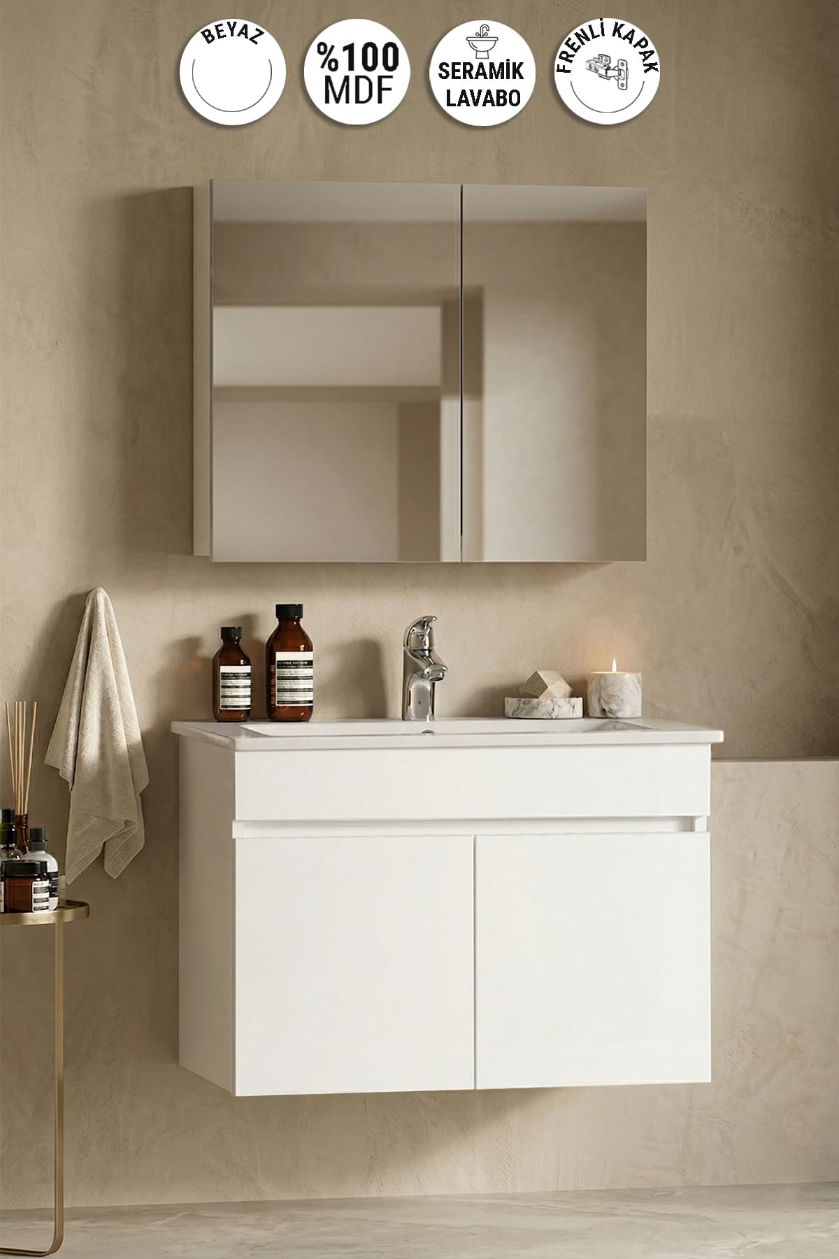 Lotus 75 cm Beyaz MDF Seramik Lavabolu Asma Banyo Dolabı Takımı
