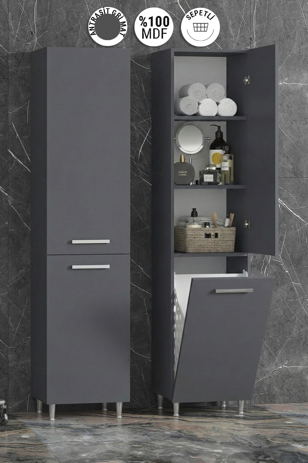 Antrasit Gri Mat kaplamalı banyo dolabı