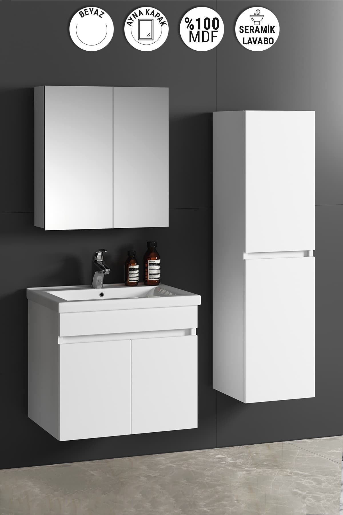 Çiğdem 55+35 cm Beyaz MDF Seramik Lavabolu Sepetli Asma Banyo Dolabı Takımı