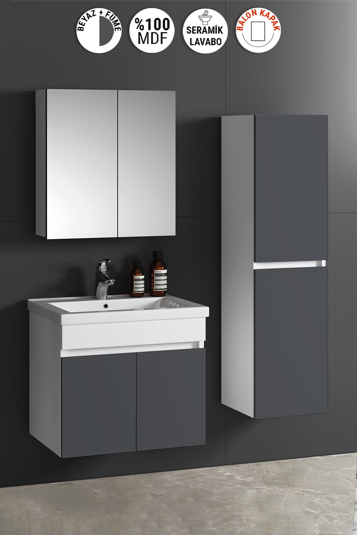 Çiğdem 55+35 cm Beyaz-Füme Balon MDF Seramik Lavabolu Asma Banyo Dolabı Takımı