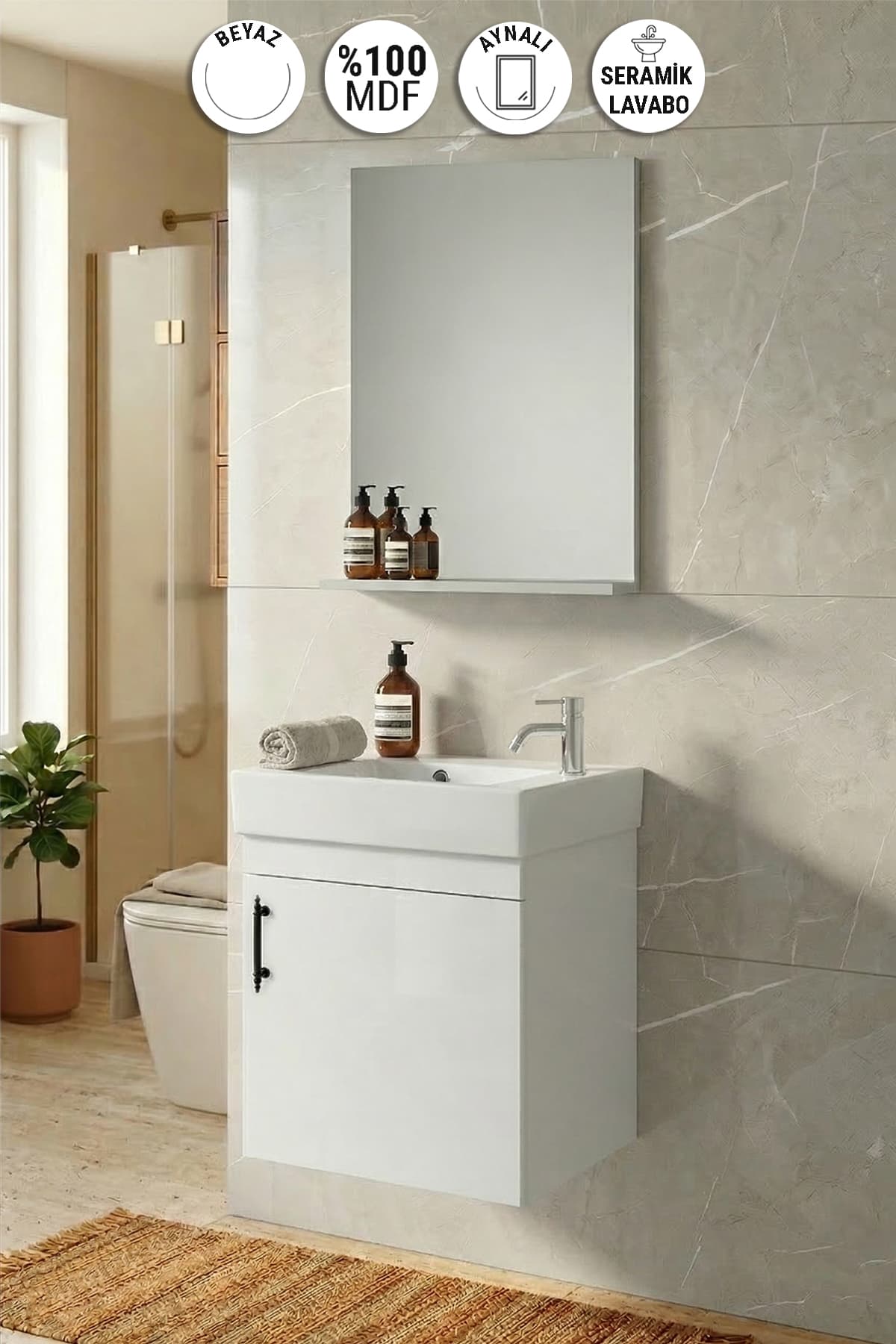 Lale 50x25 cm Beyaz MDF Seramik Lavabolu Asma Banyo Dolabı Takımı