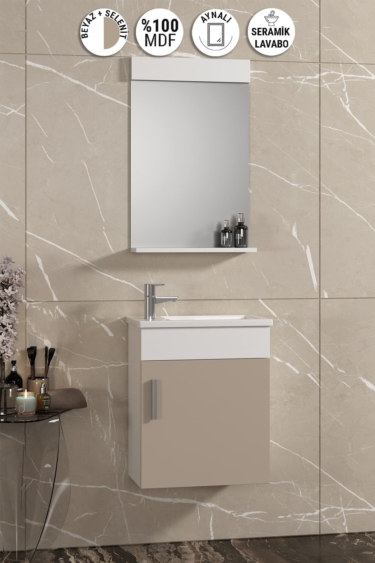 Lale 42x24 cm Beyaz-Selenit MDF Seramik Lavabolu Asma Banyo Dolabı Takımı