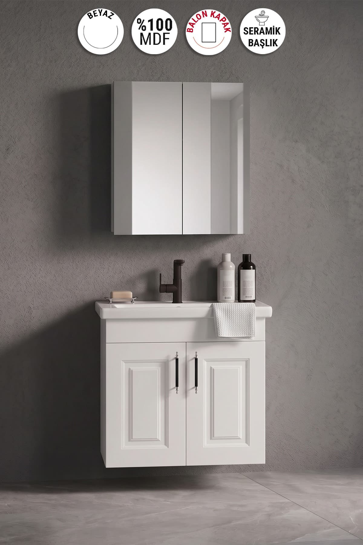 Salkım 55 cm Beyaz Balon MDF Seramik Lavabolu Asma Banyo Dolabı Takımı