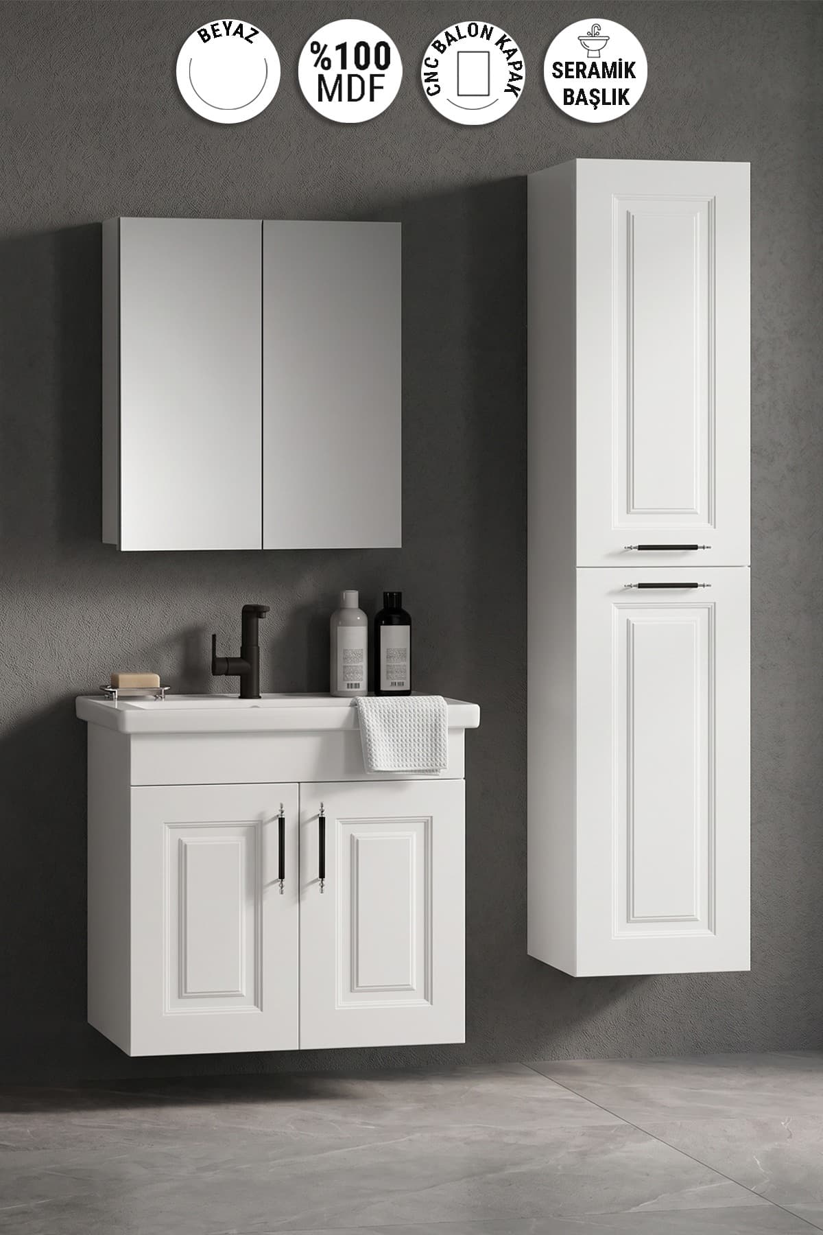 Özceden Salkım 55+35 cm Beyaz Balon MDF Seramik Lavabolu Asma Banyo Dolabı Takımı