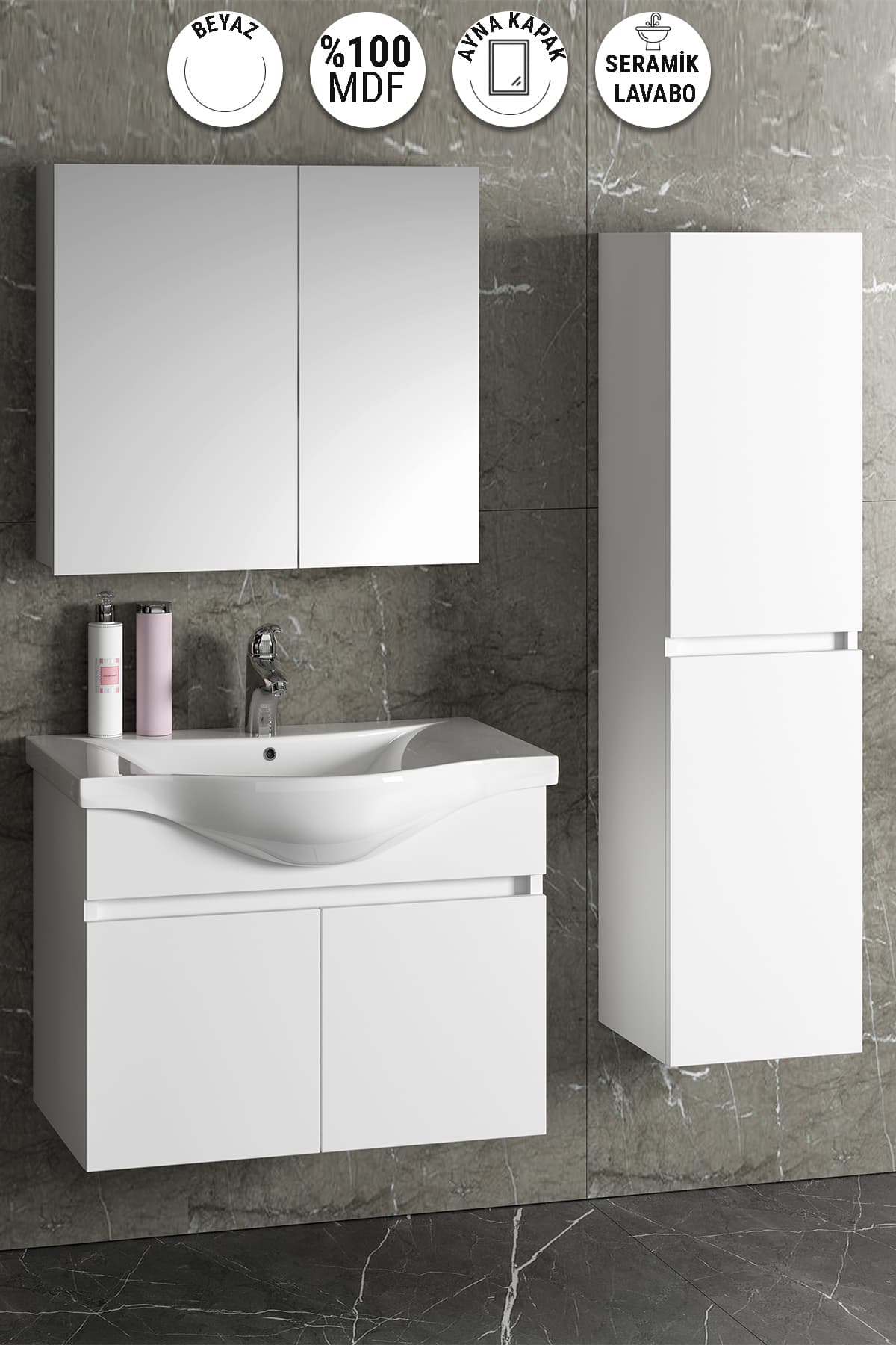 Yıldız 80+35 cm Beyaz MDF Seramik Lavabolu Asma Banyo Dolabı Takımı
