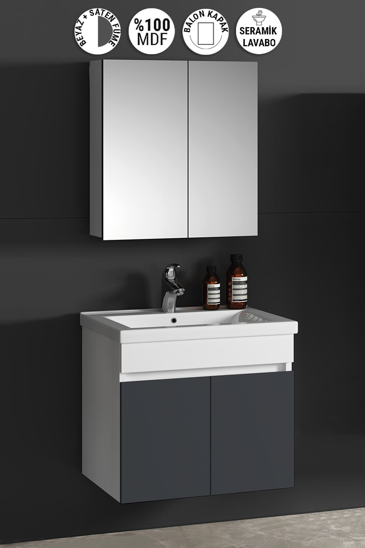 Çiğdem 65 cm Beyaz-Füme Balon MDF Seramik Lavabolu Asma Banyo Dolabı Takımı